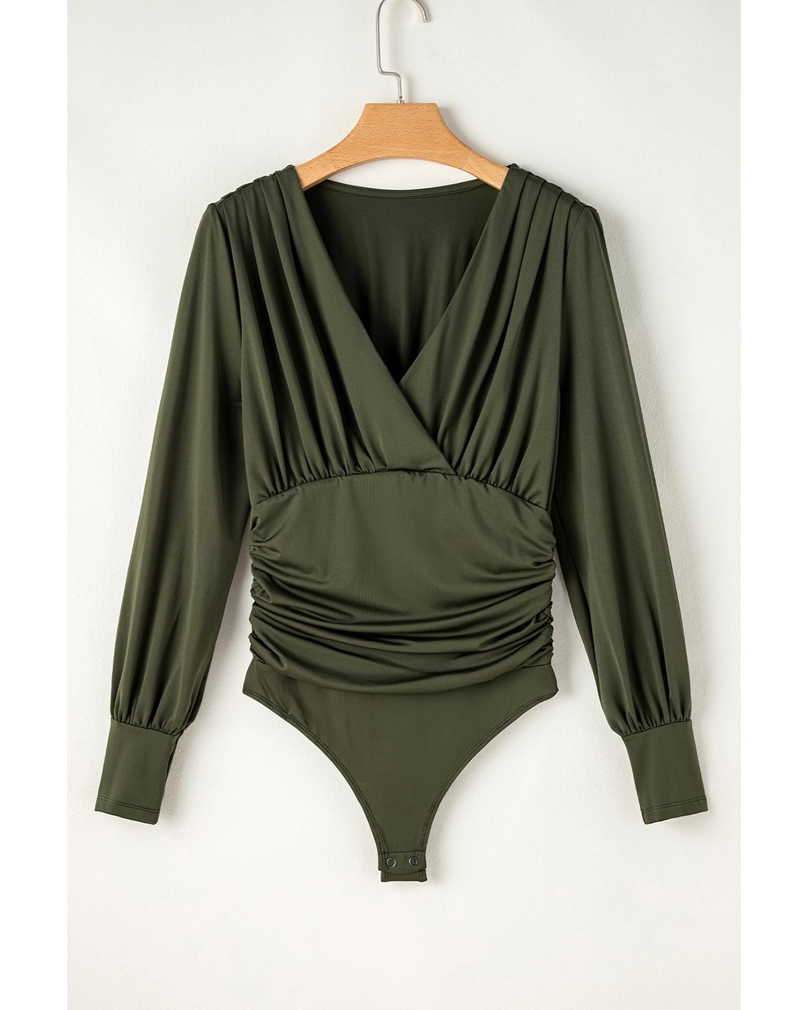 Moss Green Ruched Wrap V Neck Long Sleeve Bodysuit - S 3