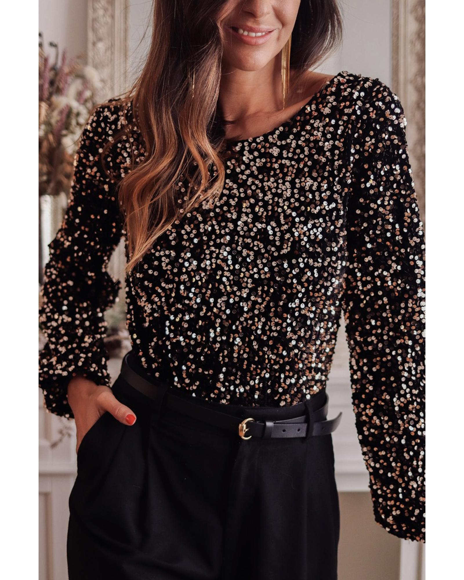 Black Deep V Back Sequin Puff Sleeve Bodysuit - L