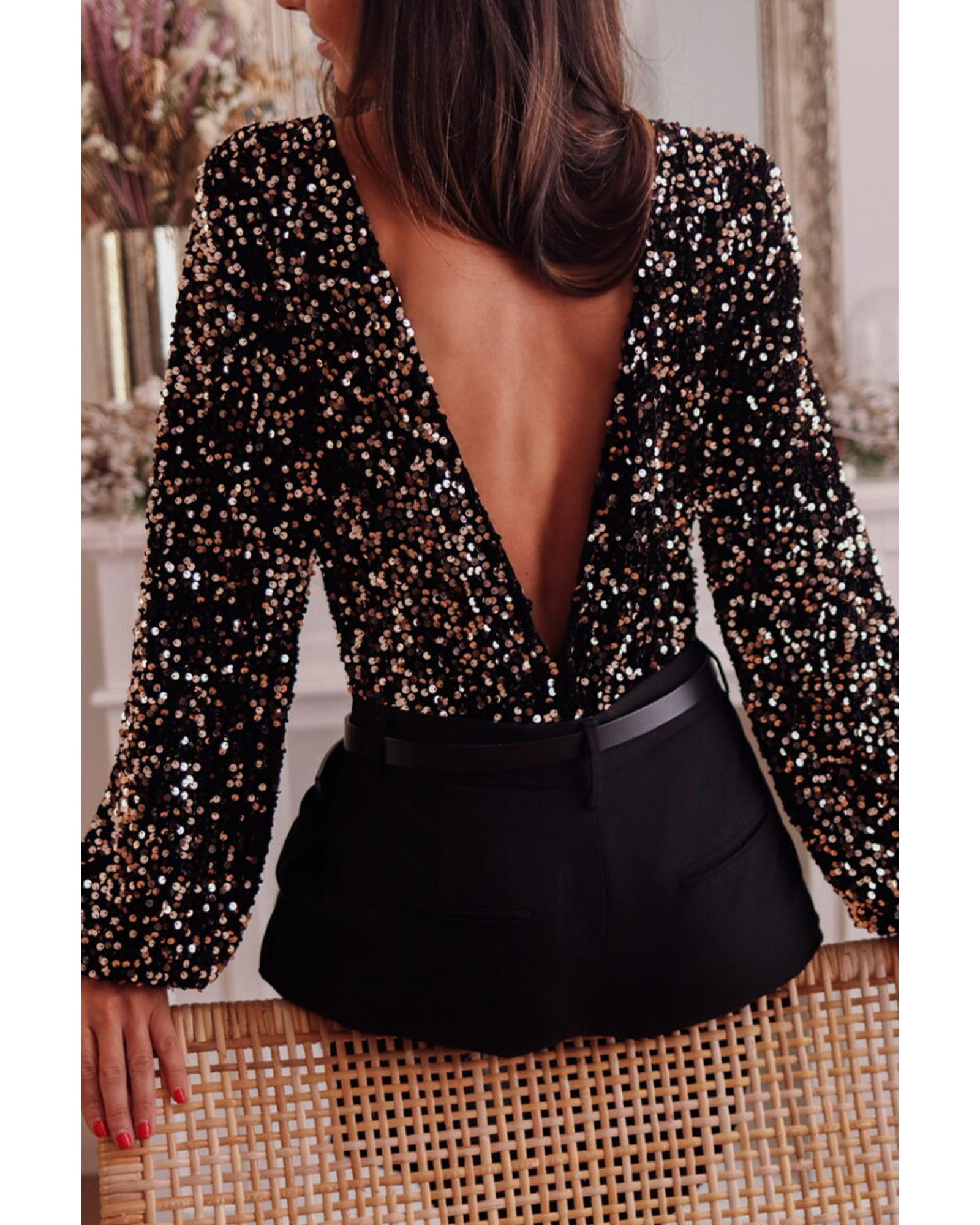 Black Deep V Back Sequin Puff Sleeve Bodysuit - M