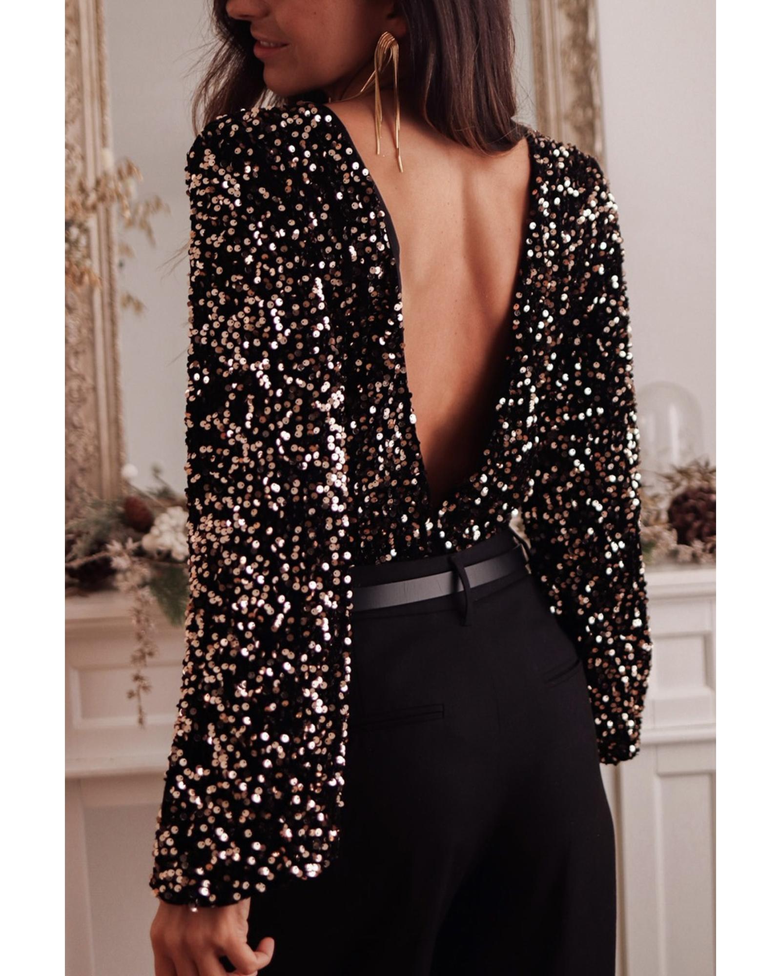 Black Deep V Back Sequin Puff Sleeve Bodysuit - M 6