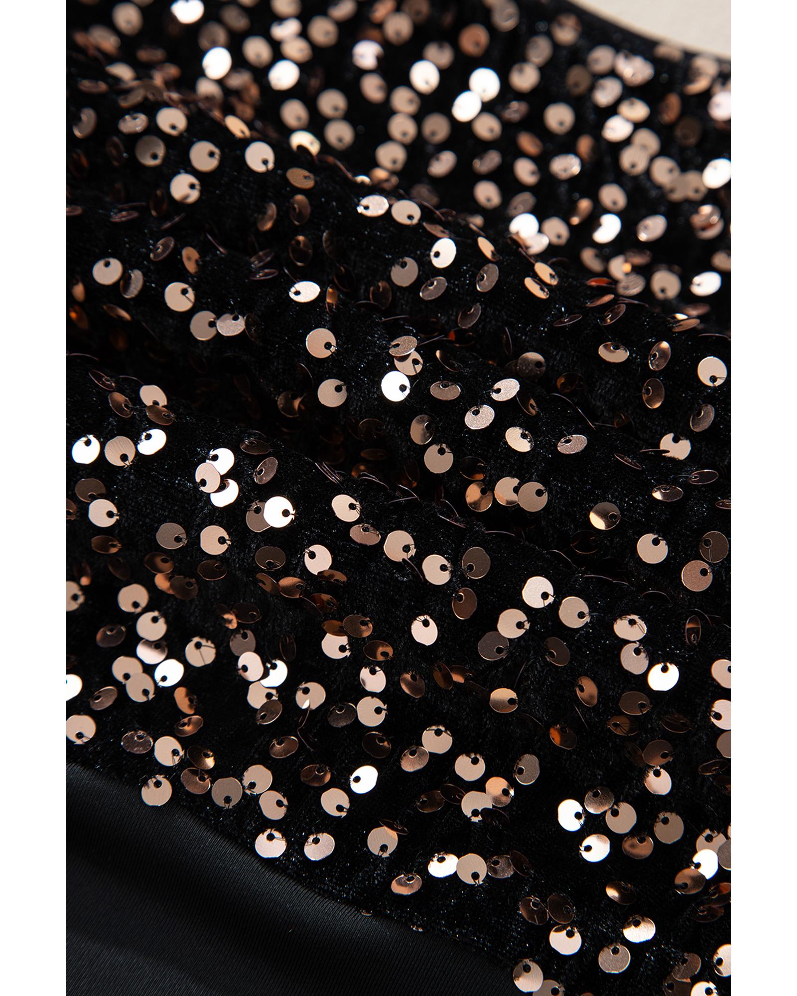 Black Deep V Back Sequin Puff Sleeve Bodysuit - M 7
