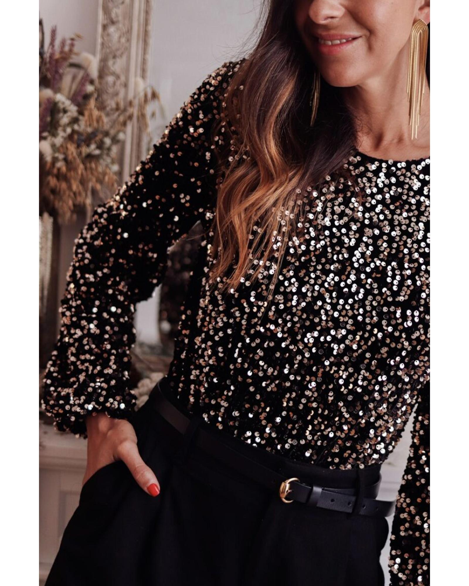Black Deep V Back Sequin Puff Sleeve Bodysuit - XL 3