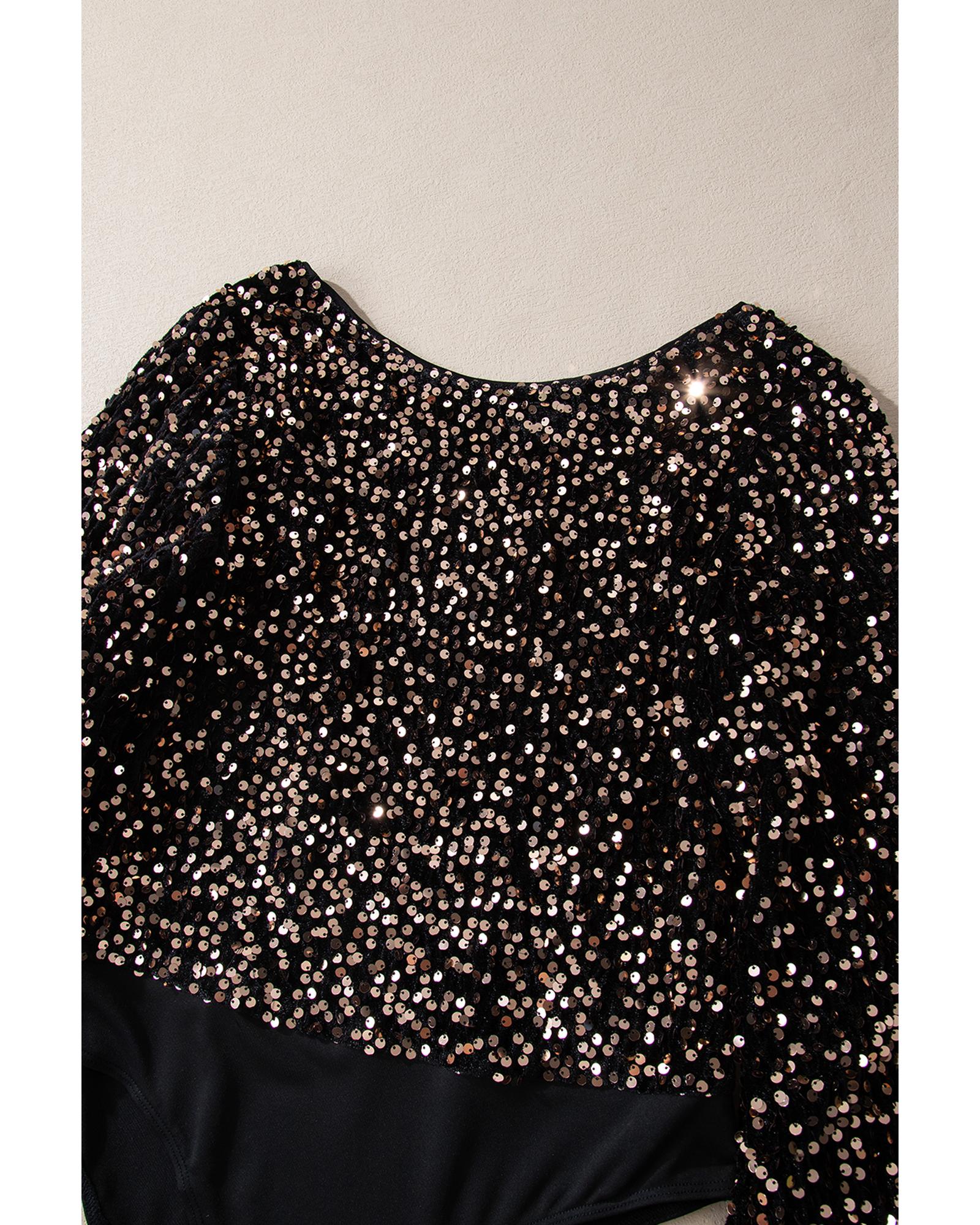Black Deep V Back Sequin Puff Sleeve Bodysuit - XL 7