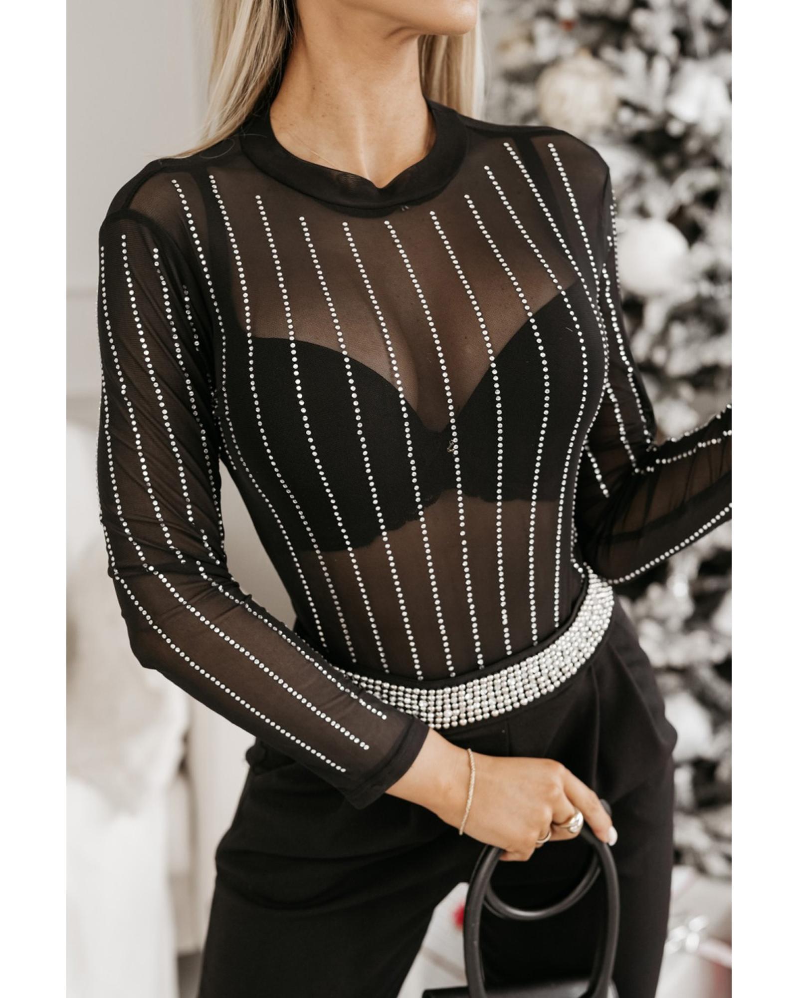 Black Rhinestone Decor Striped Mesh Long Sleeve Bodysuit - L