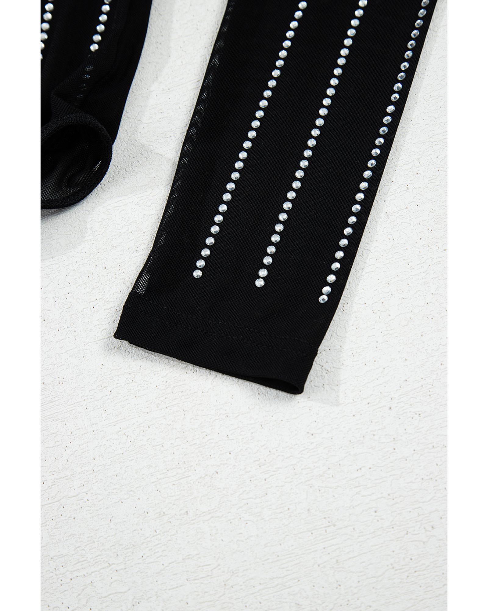 Black Rhinestone Decor Striped Mesh Long Sleeve Bodysuit - L 6
