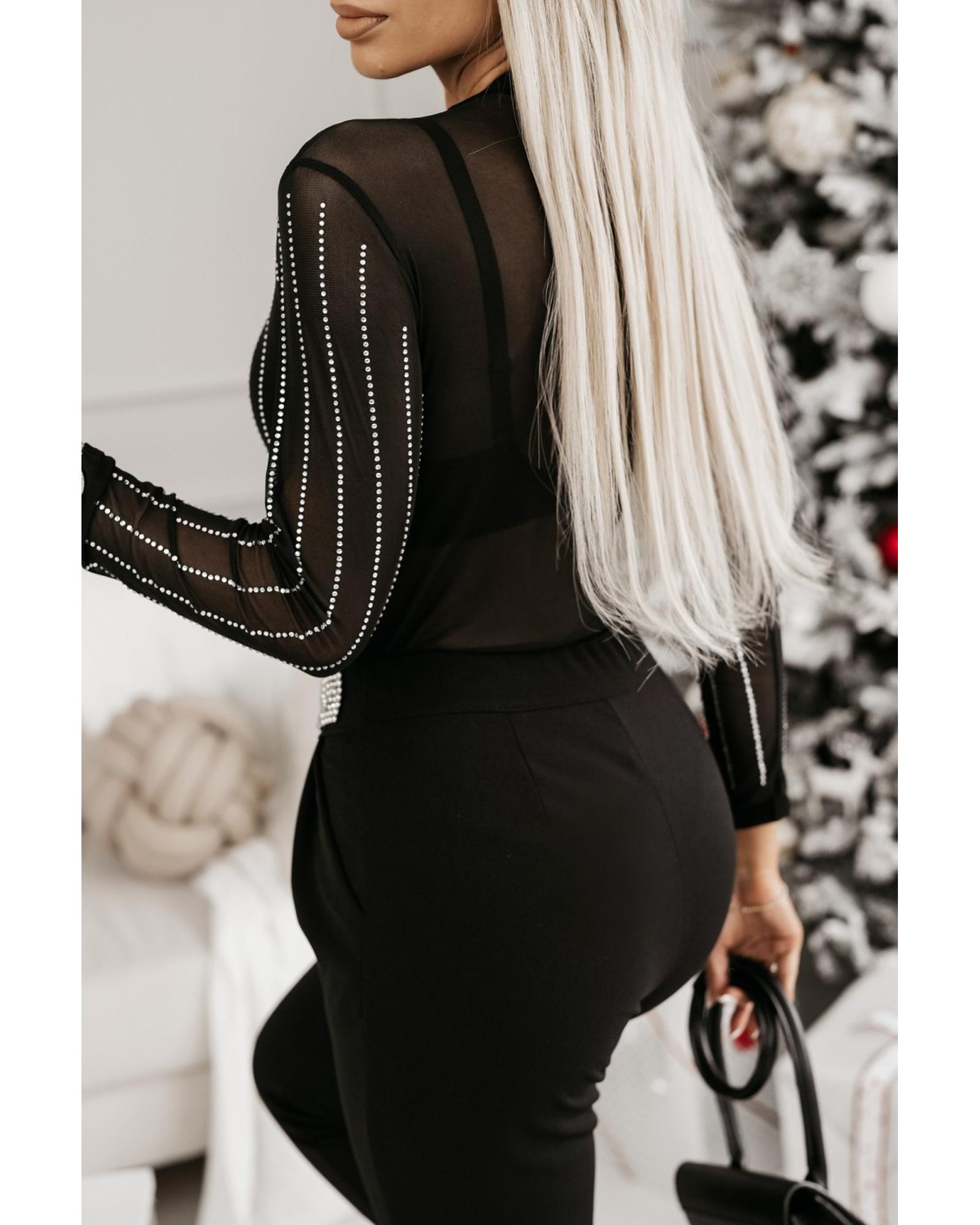 Black Rhinestone Decor Striped Mesh Long Sleeve Bodysuit - M
