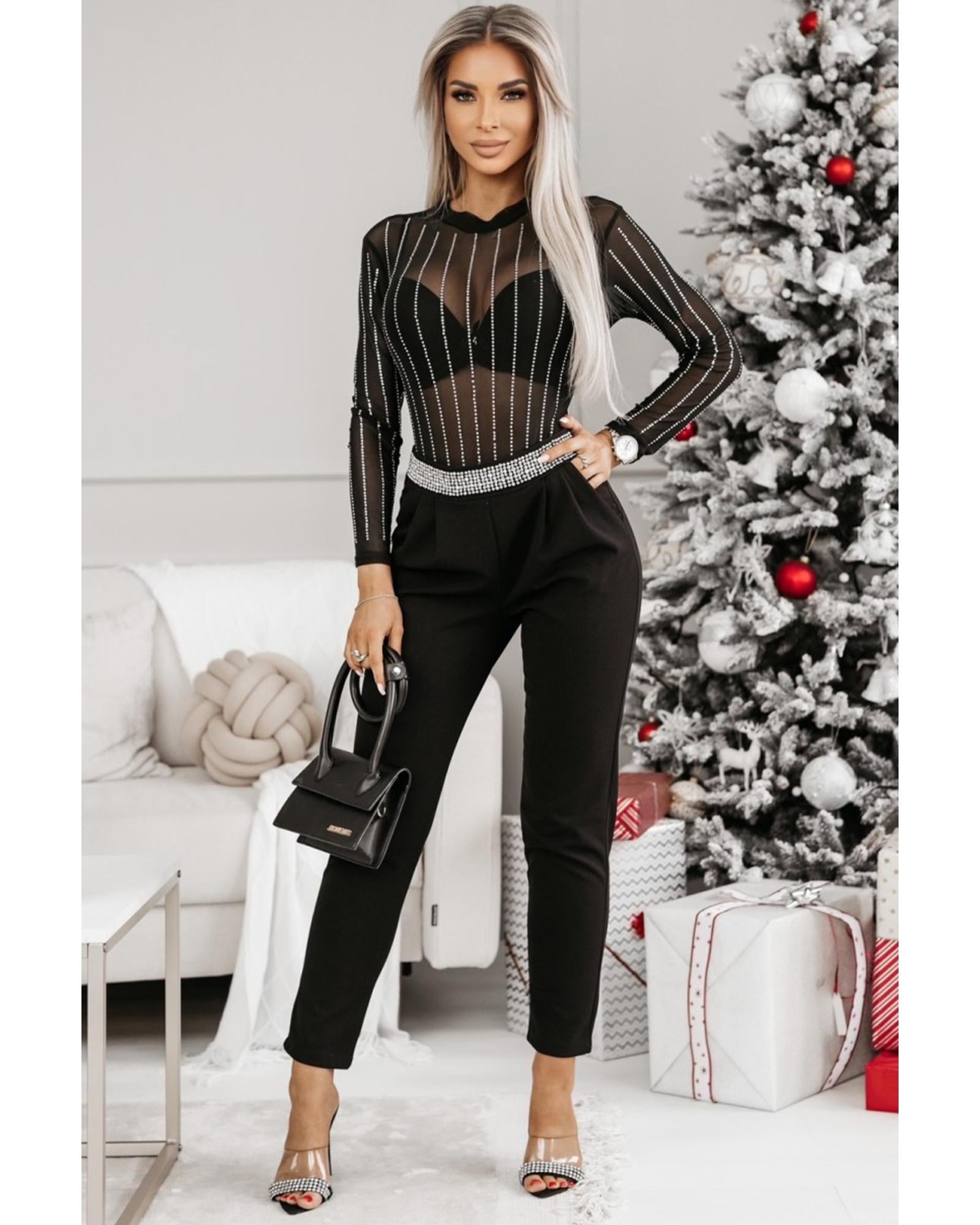 Black Rhinestone Decor Striped Mesh Long Sleeve Bodysuit - M 4