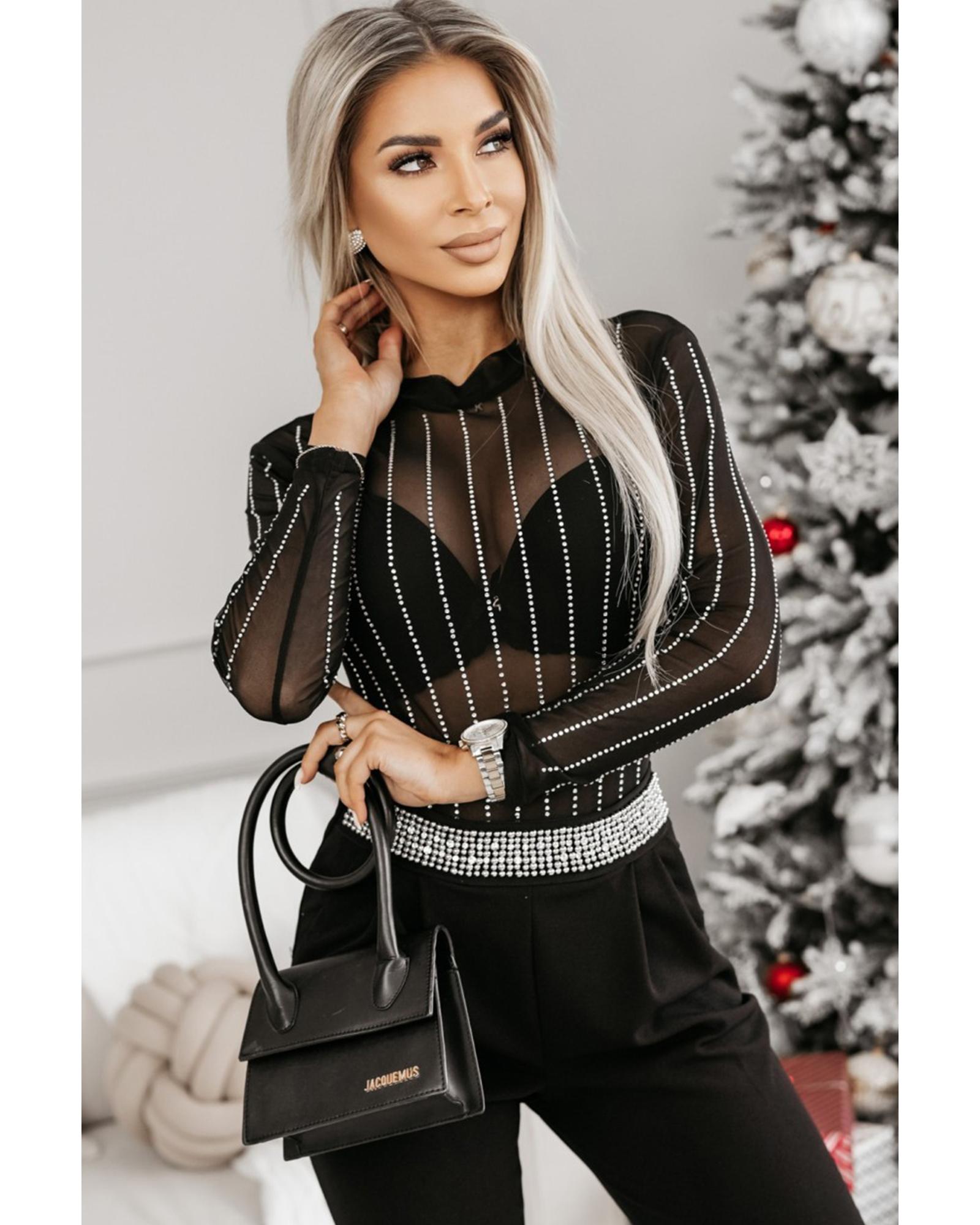 Black Rhinestone Decor Striped Mesh Long Sleeve Bodysuit - S 4