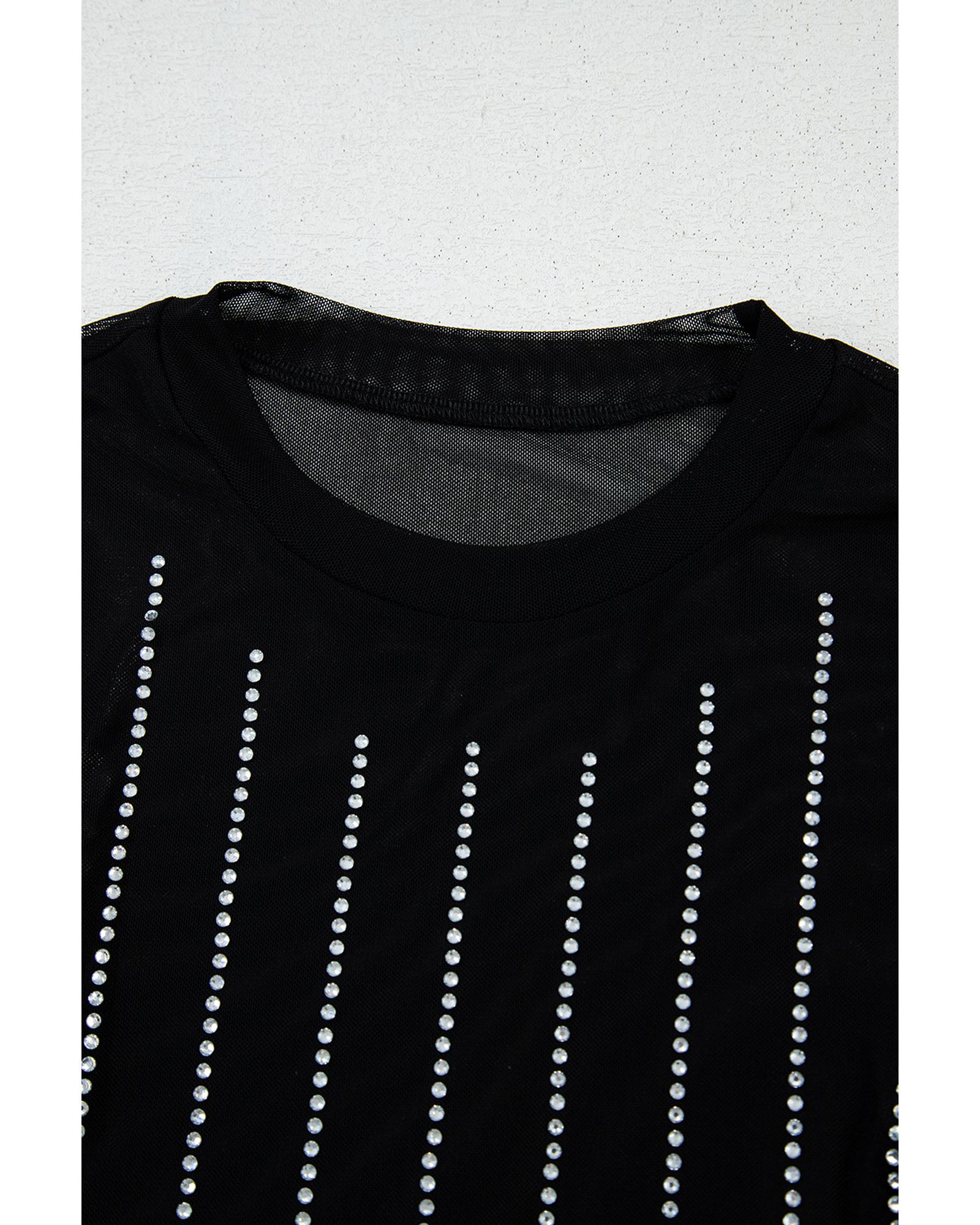 Black Rhinestone Decor Striped Mesh Long Sleeve Bodysuit - XL 6