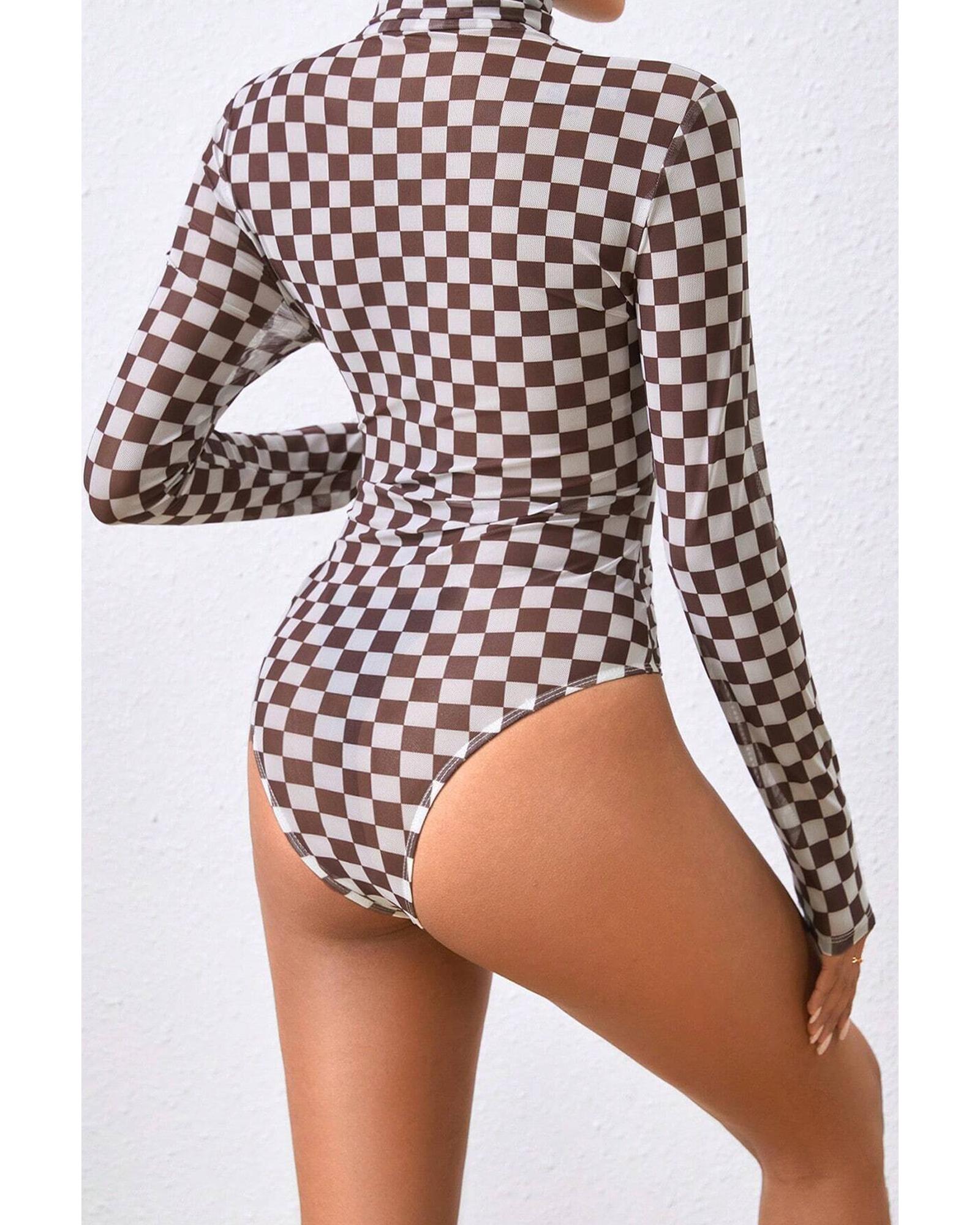 Brown Checkered Printed Long Sleeve High Neck Bodysuit - L
