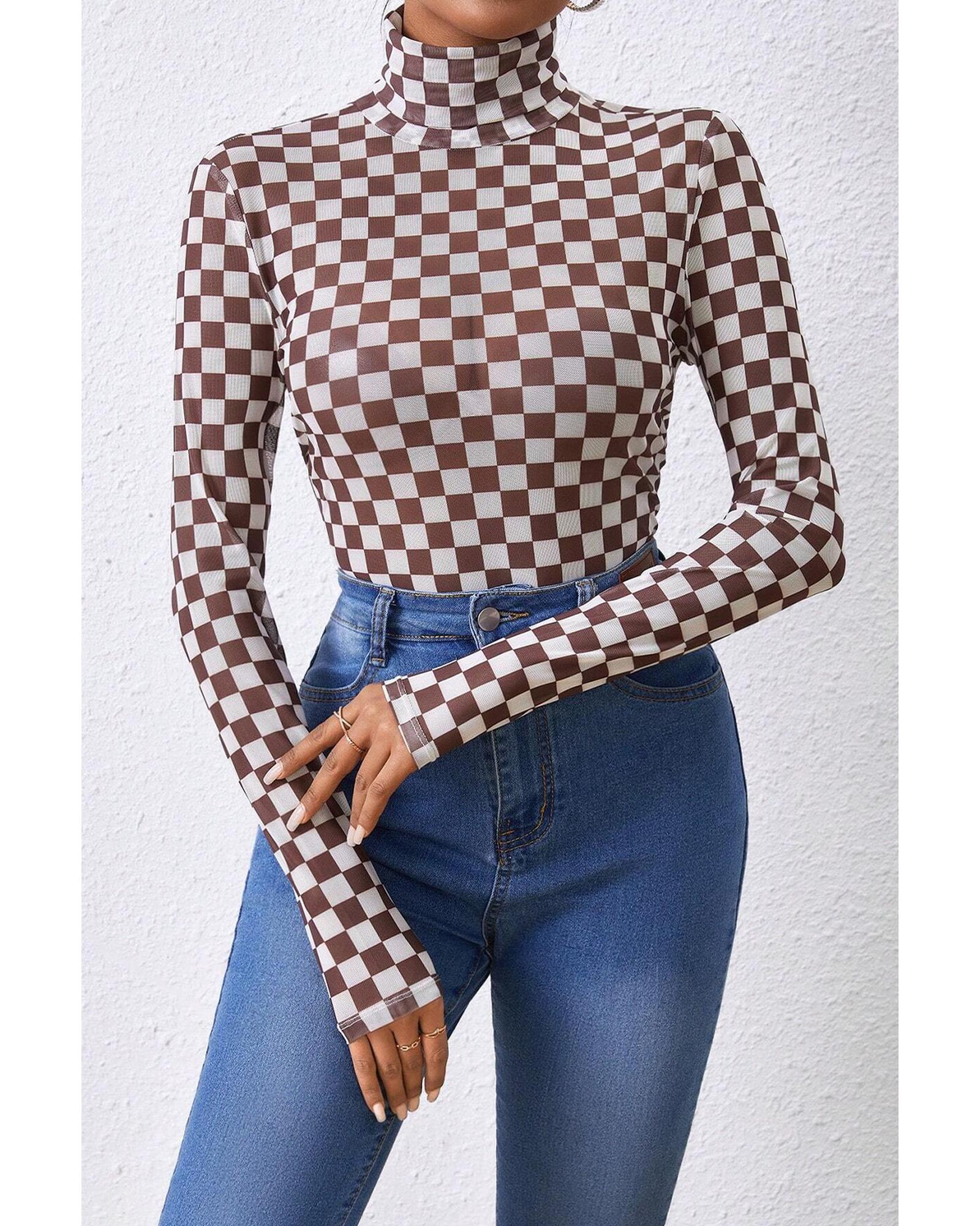 Brown Checkered Printed Long Sleeve High Neck Bodysuit - L 3