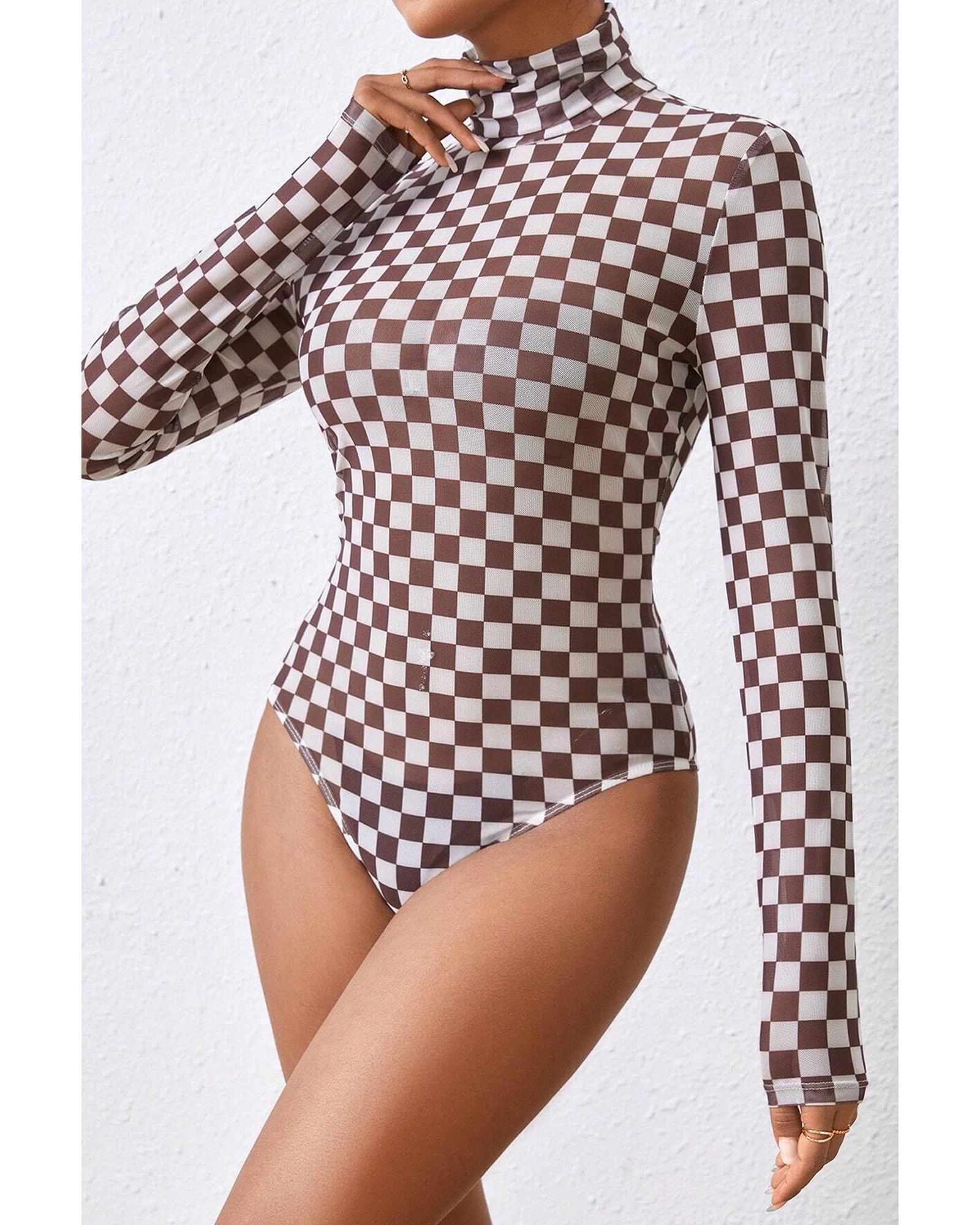 Brown Checkered Printed Long Sleeve High Neck Bodysuit - L 4