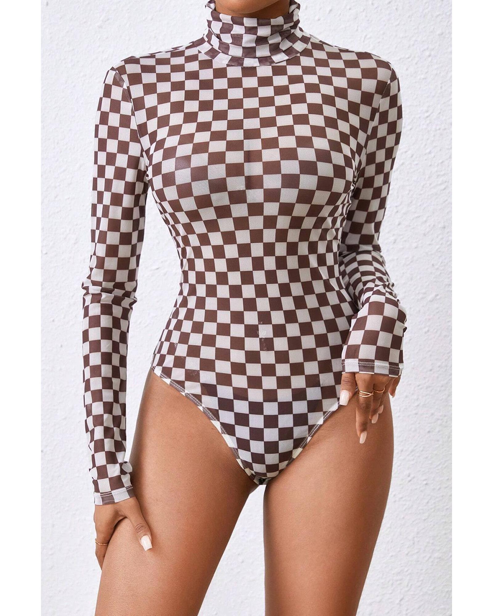 Brown Checkered Printed Long Sleeve High Neck Bodysuit - XL