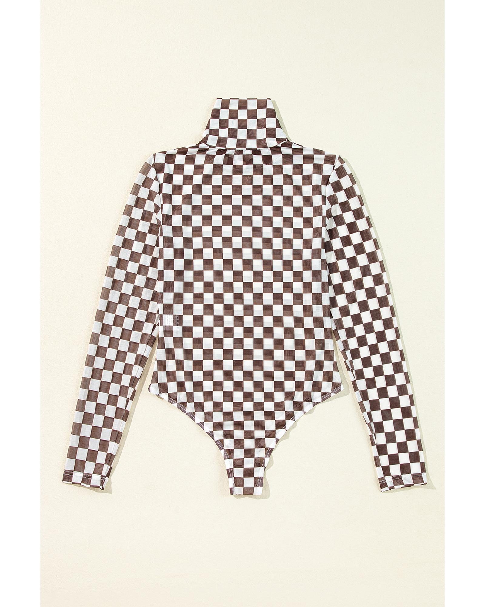 Brown Checkered Printed Long Sleeve High Neck Bodysuit - XL 7
