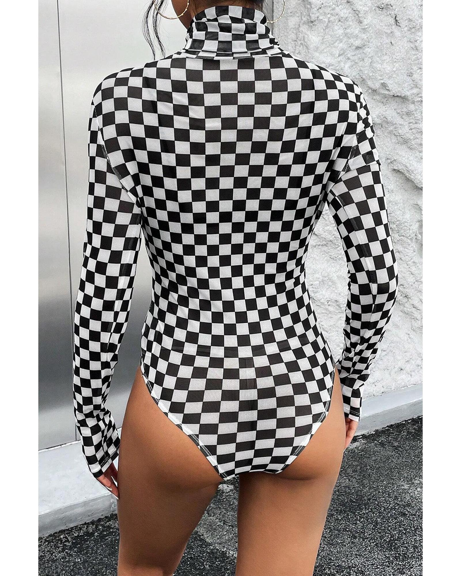 Black Checkered Printed Long Sleeve High Neck Bodysuit - S 3
