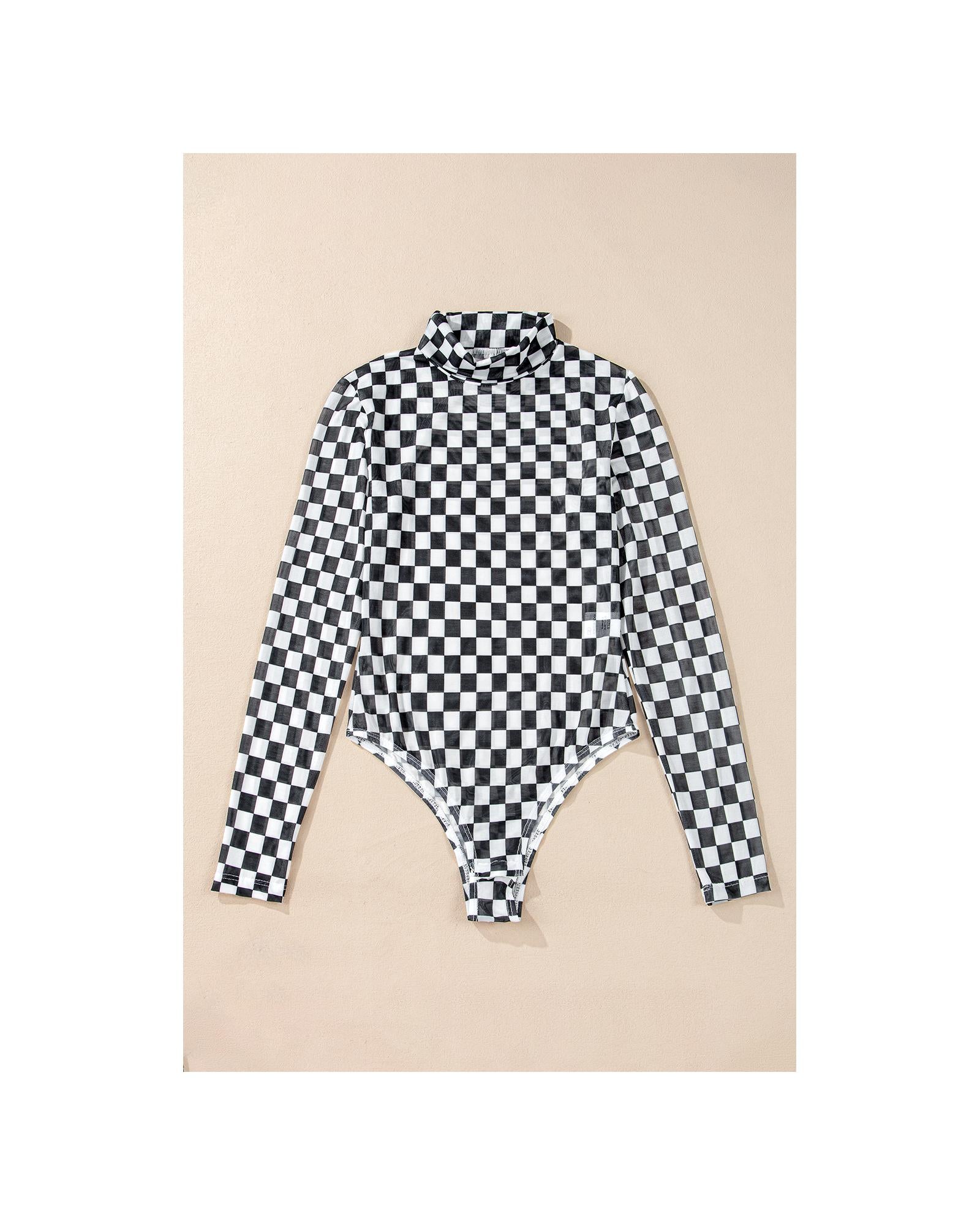 Black Checkered Printed Long Sleeve High Neck Bodysuit - S 4