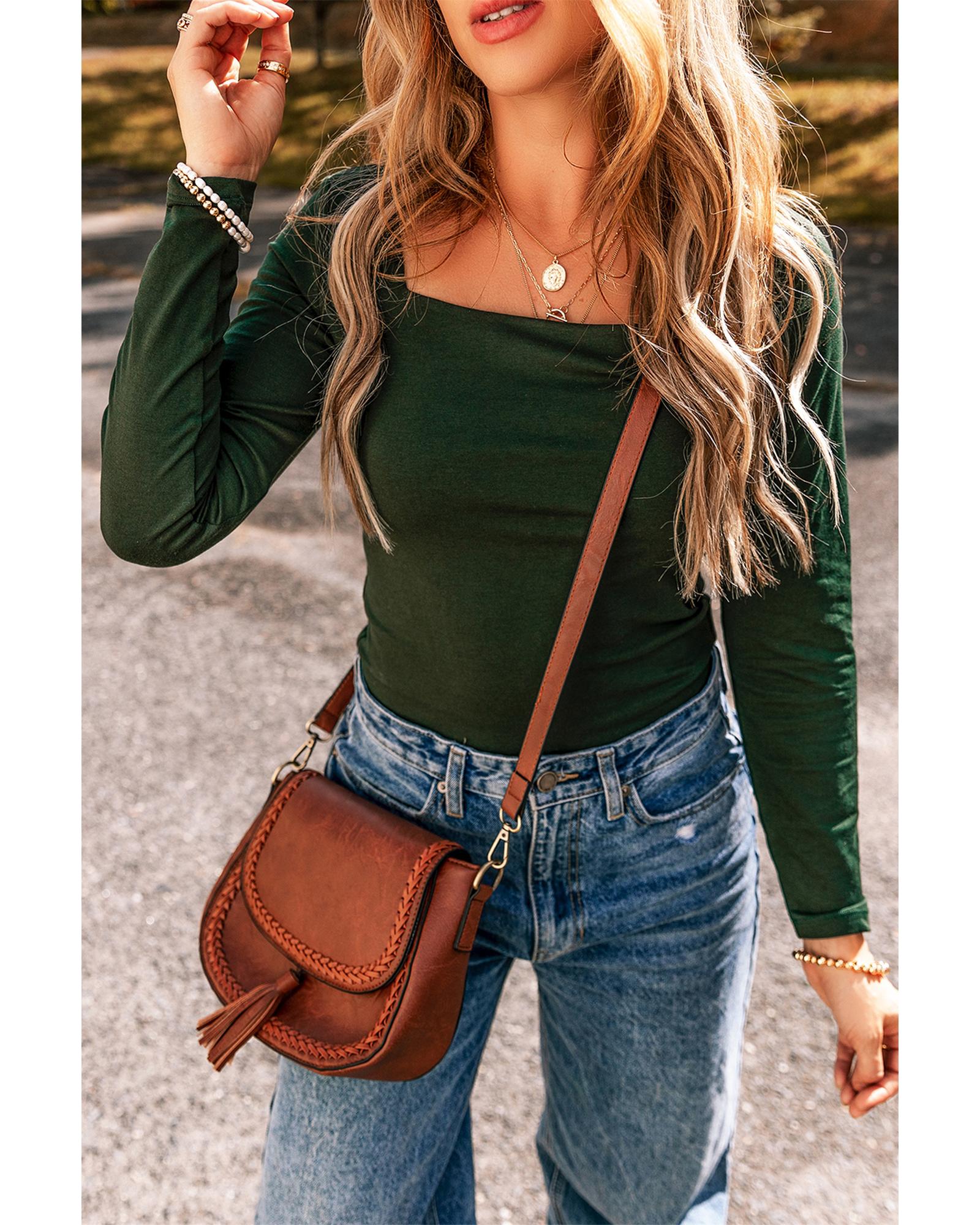 Blackish Green Solid Color Square Neck Long Sleeve Slim Fit Bodysuit - L 3