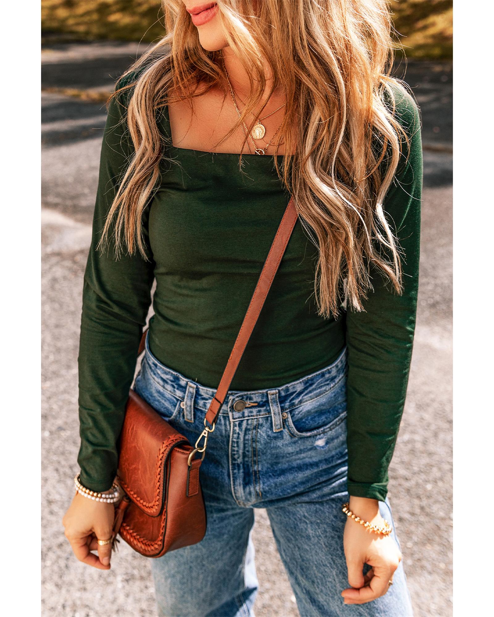 Blackish Green Solid Color Square Neck Long Sleeve Slim Fit Bodysuit - L 5