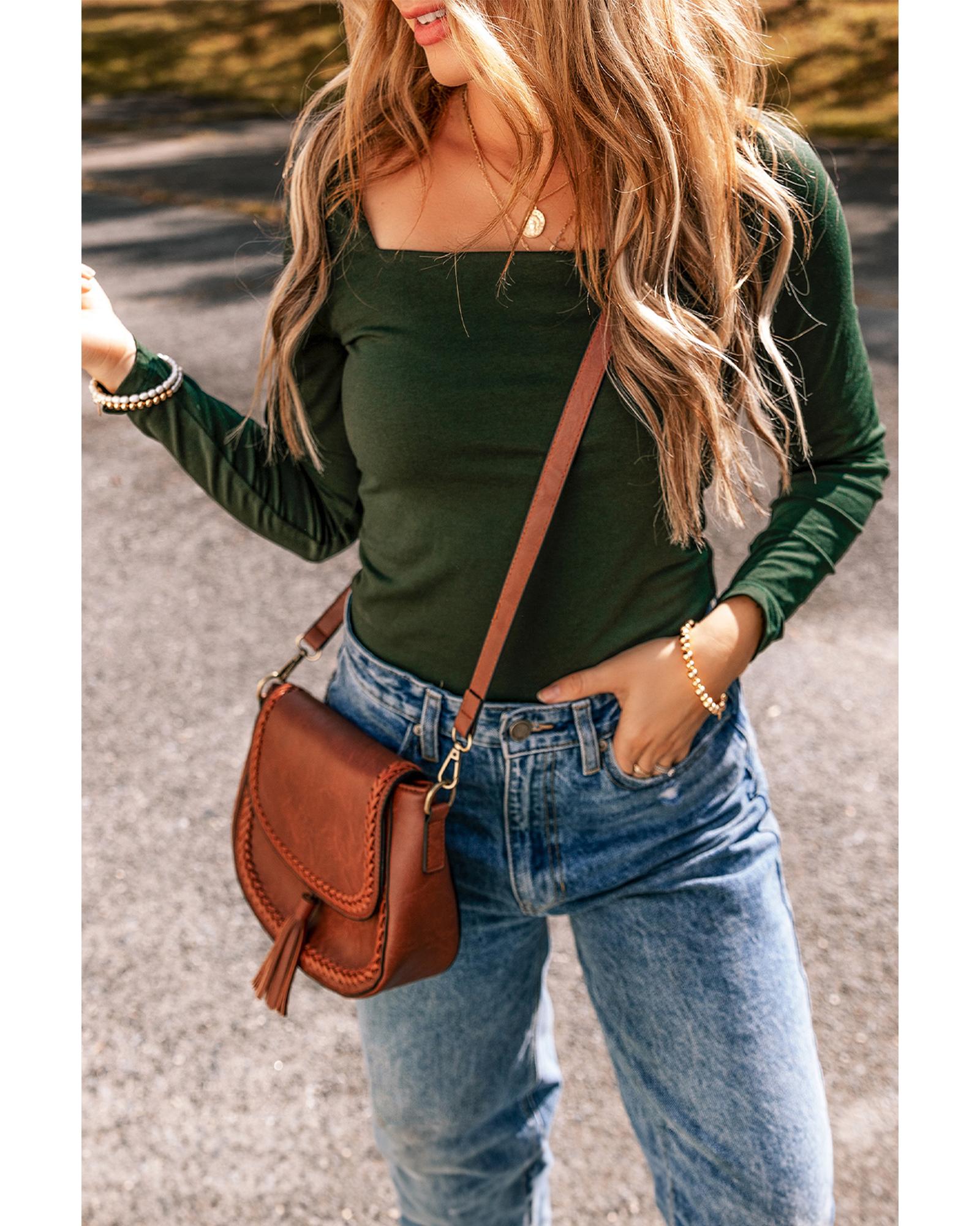 Blackish Green Solid Color Square Neck Long Sleeve Slim Fit Bodysuit - S 6