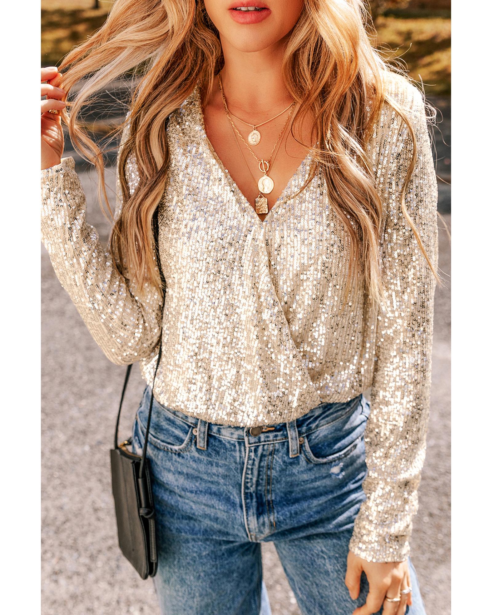 Beige Sequin Long Sleeve Wrap V Neck Bodysuit - M