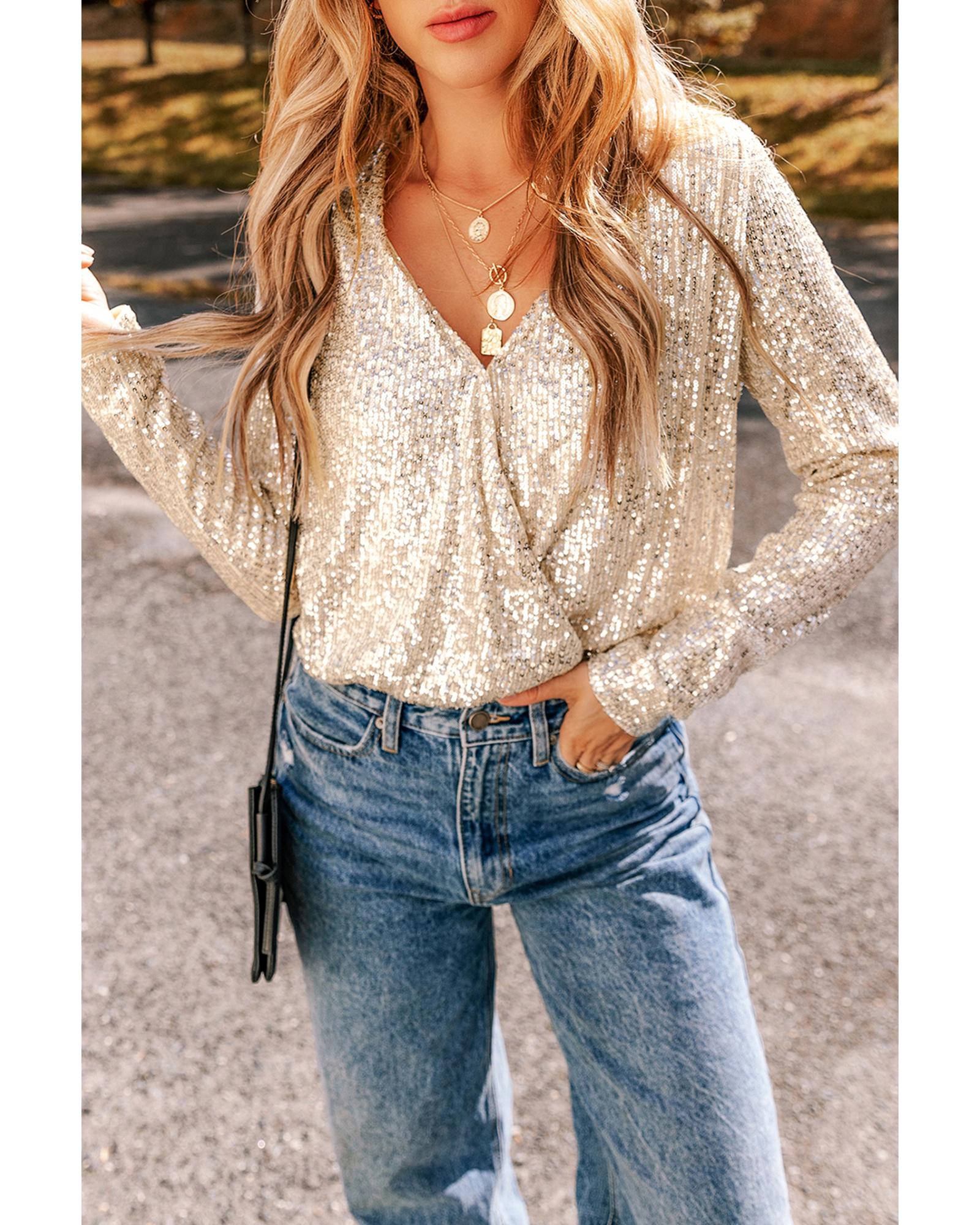 Beige Sequin Long Sleeve Wrap V Neck Bodysuit - M 3