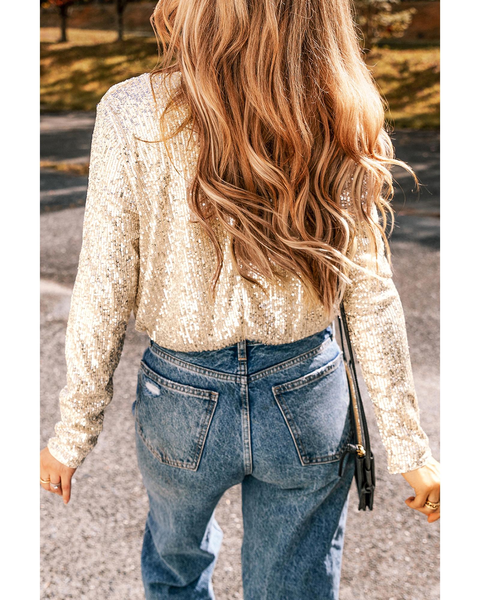 Beige Sequin Long Sleeve Wrap V Neck Bodysuit - M 4