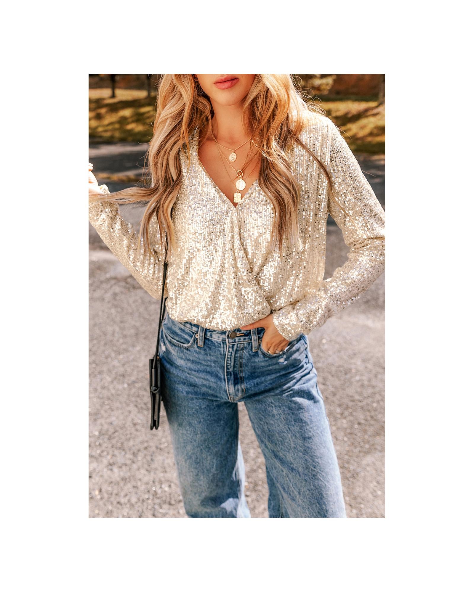 Beige Sequin Long Sleeve Wrap V Neck Bodysuit - XL 3