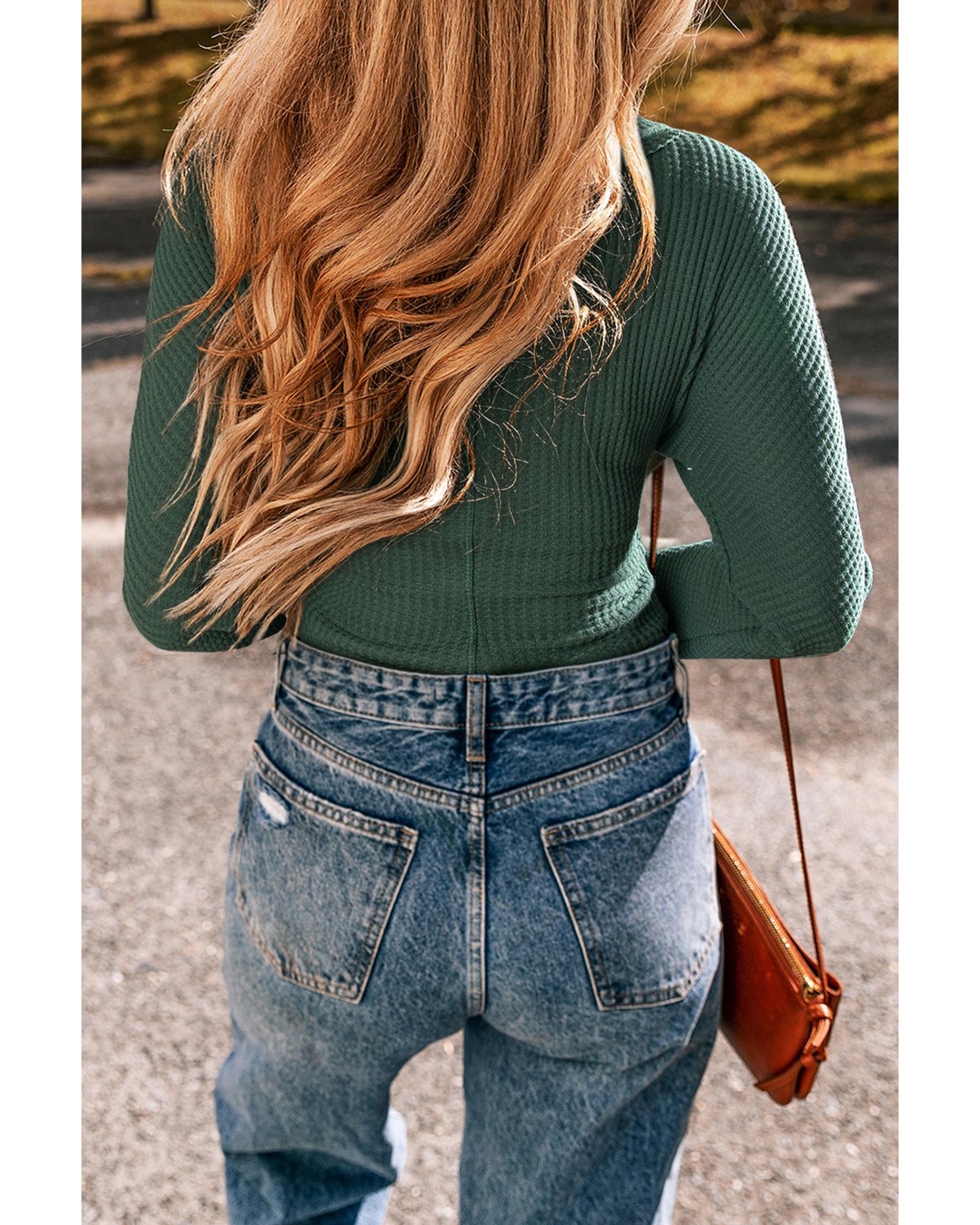 Blackish Green Waffle Knit Slim Fit Wrap V Neck Bodysuit - L