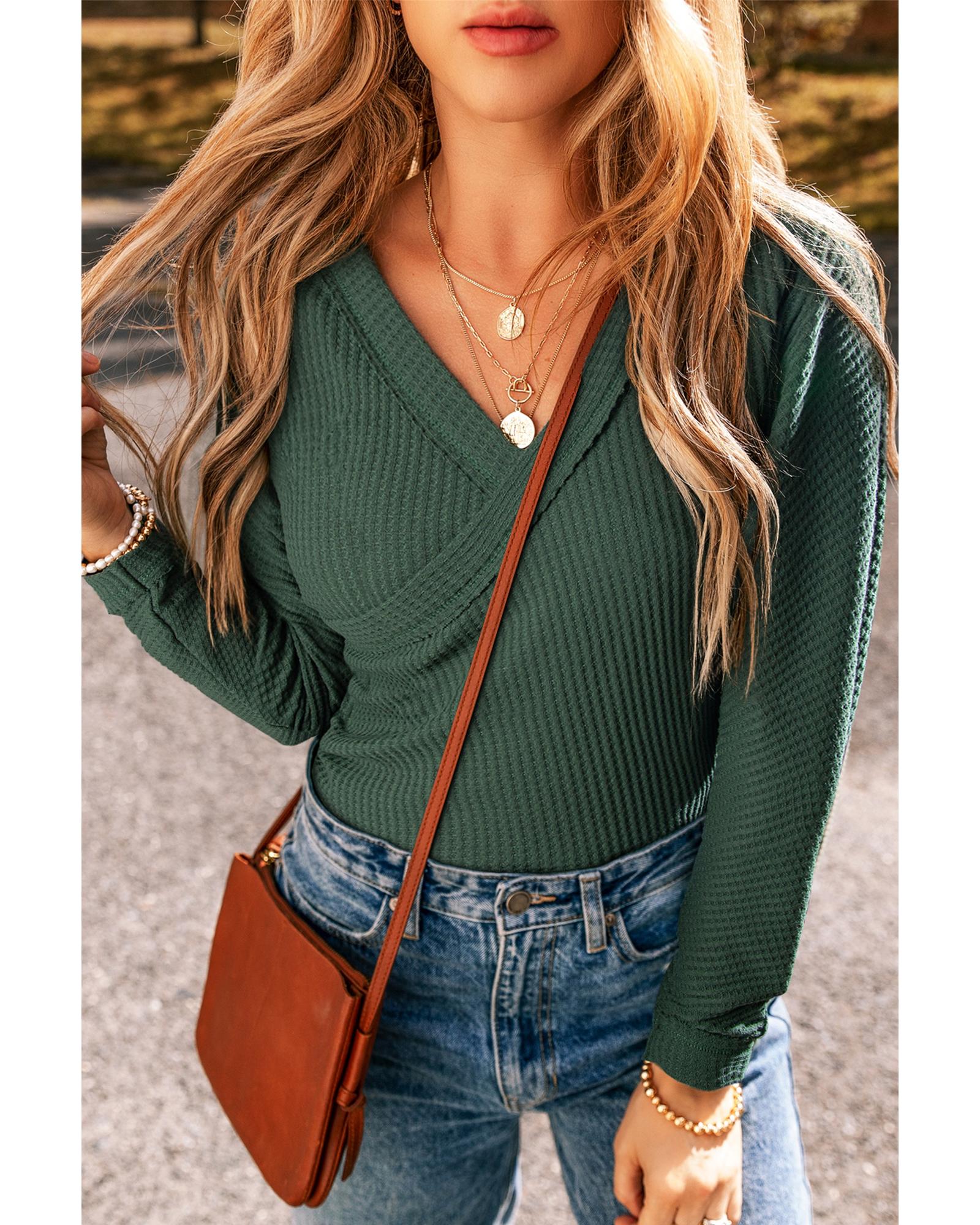 Blackish Green Waffle Knit Slim Fit Wrap V Neck Bodysuit - L 4