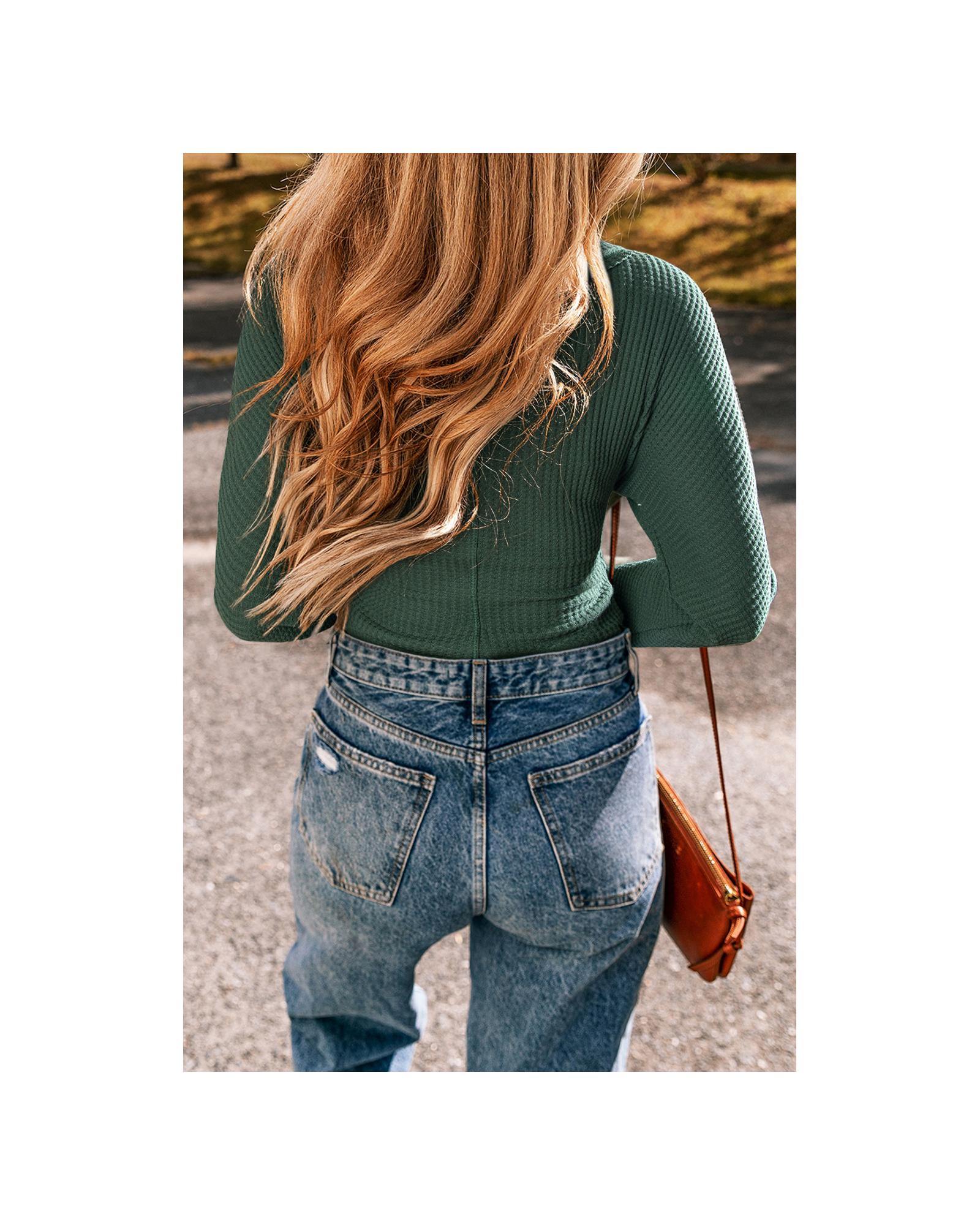 Blackish Green Waffle Knit Slim Fit Wrap V Neck Bodysuit - M 6