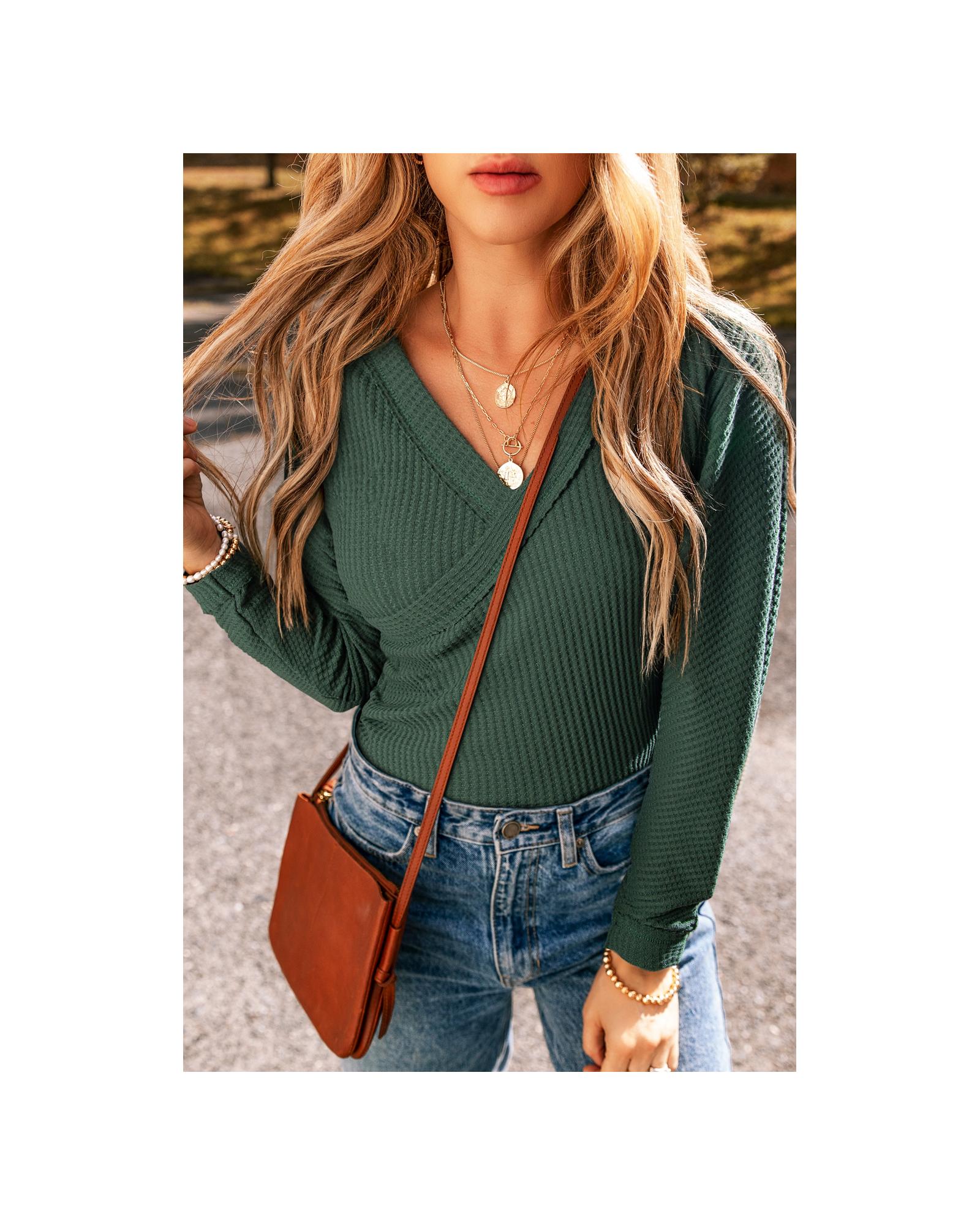 Blackish Green Waffle Knit Slim Fit Wrap V Neck Bodysuit - S 7