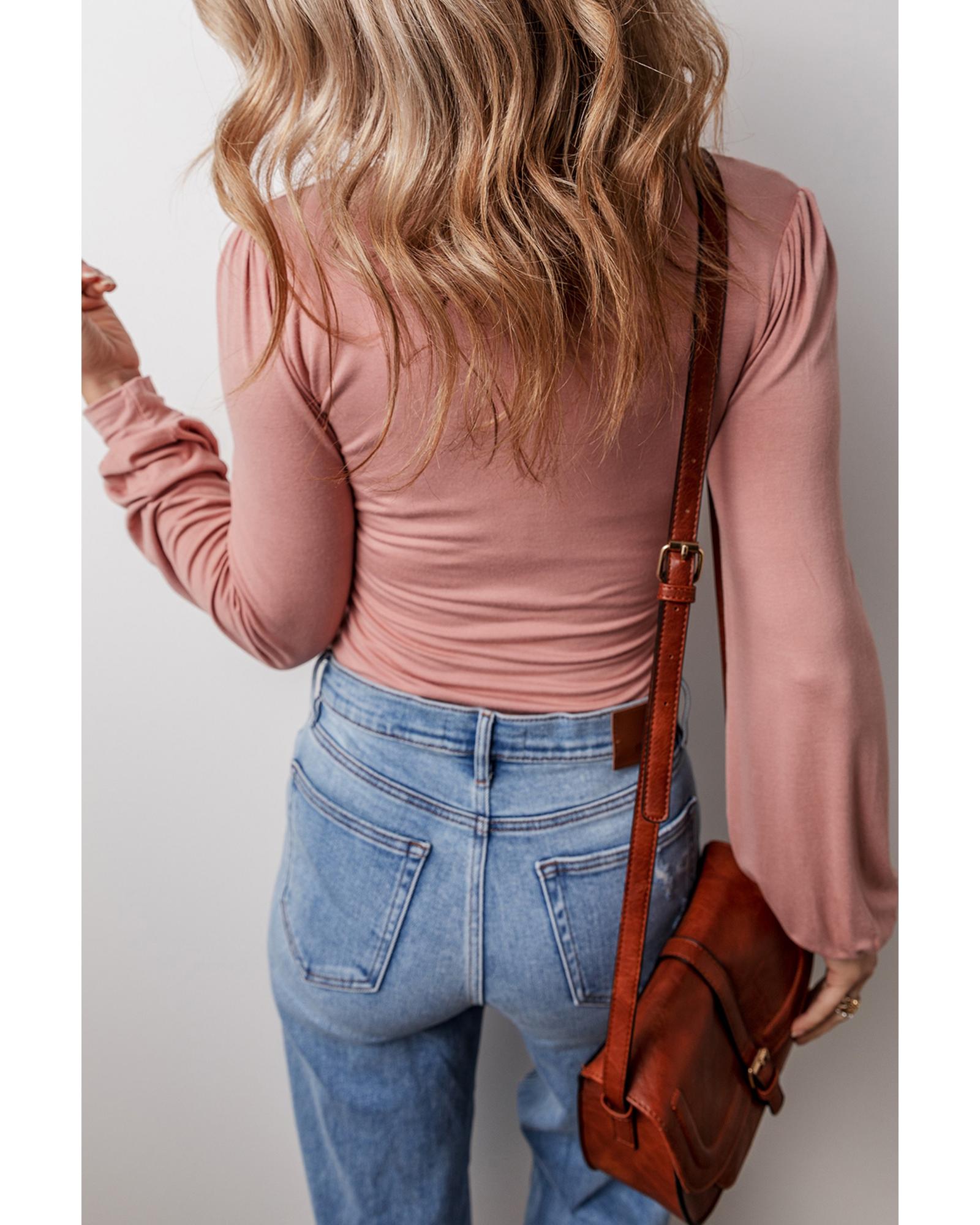 Fushia Plain V neck Long Sleeve Casual Bodysuit - S 4