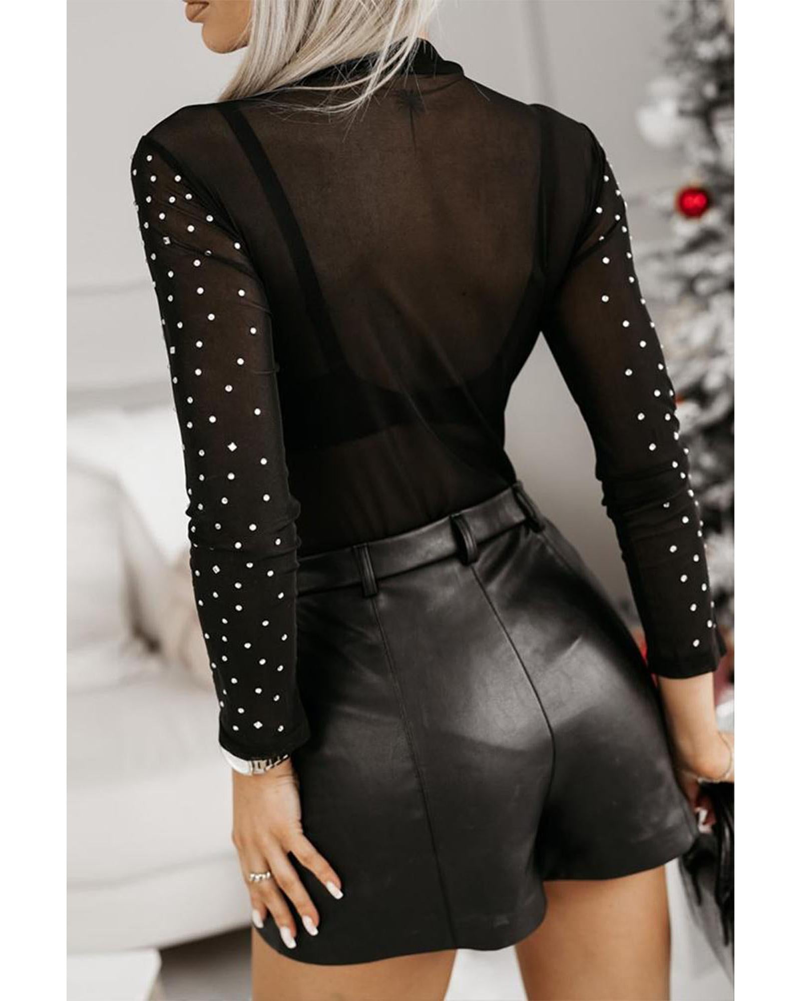 Black Rhinestone Sheer Mesh Long Sleeve Bodysuit - L