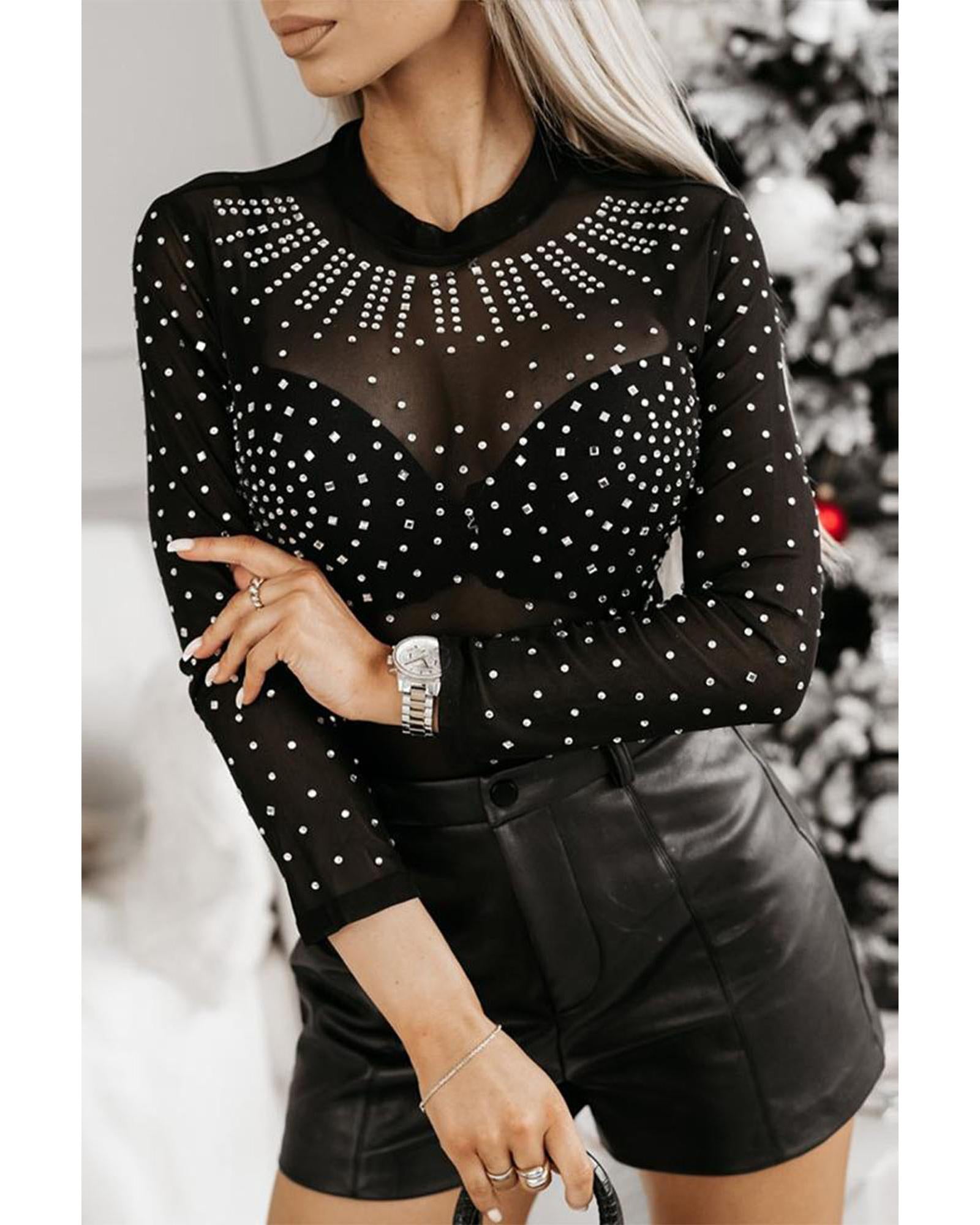 Black Rhinestone Sheer Mesh Long Sleeve Bodysuit - L