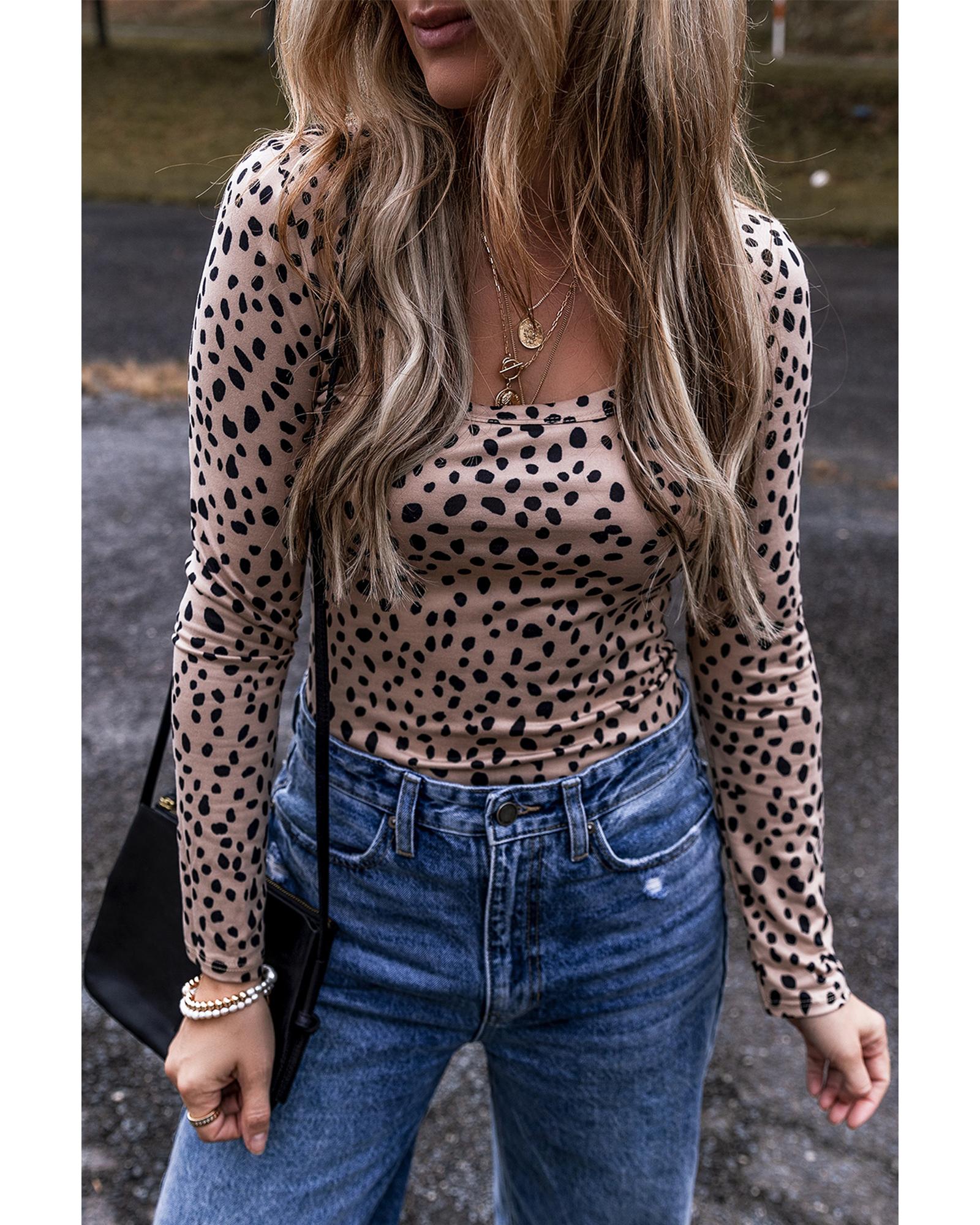 Smoke Gray Leopard Print Long Sleeve Scoop Neck Slim Fit Bodysuit - L 5