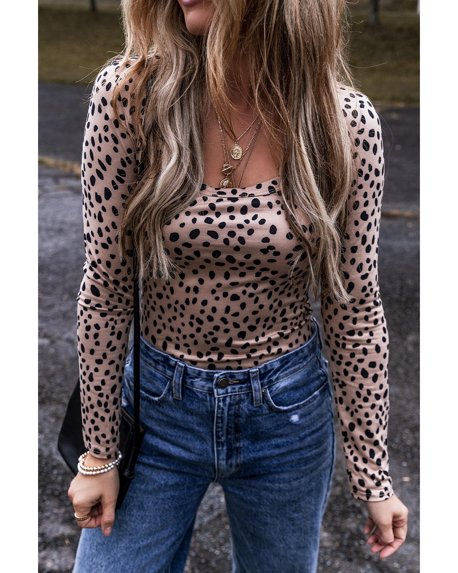 Smoke Gray Leopard Print Long Sleeve Scoop Neck Slim Fit Bodysuit - L 6