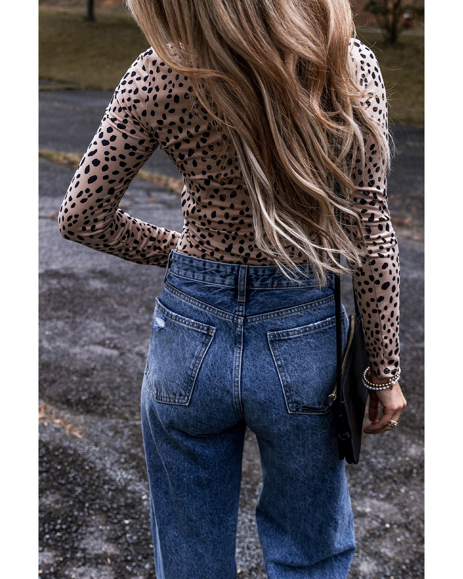 Smoke Gray Leopard Print Long Sleeve Scoop Neck Slim Fit Bodysuit - S 3