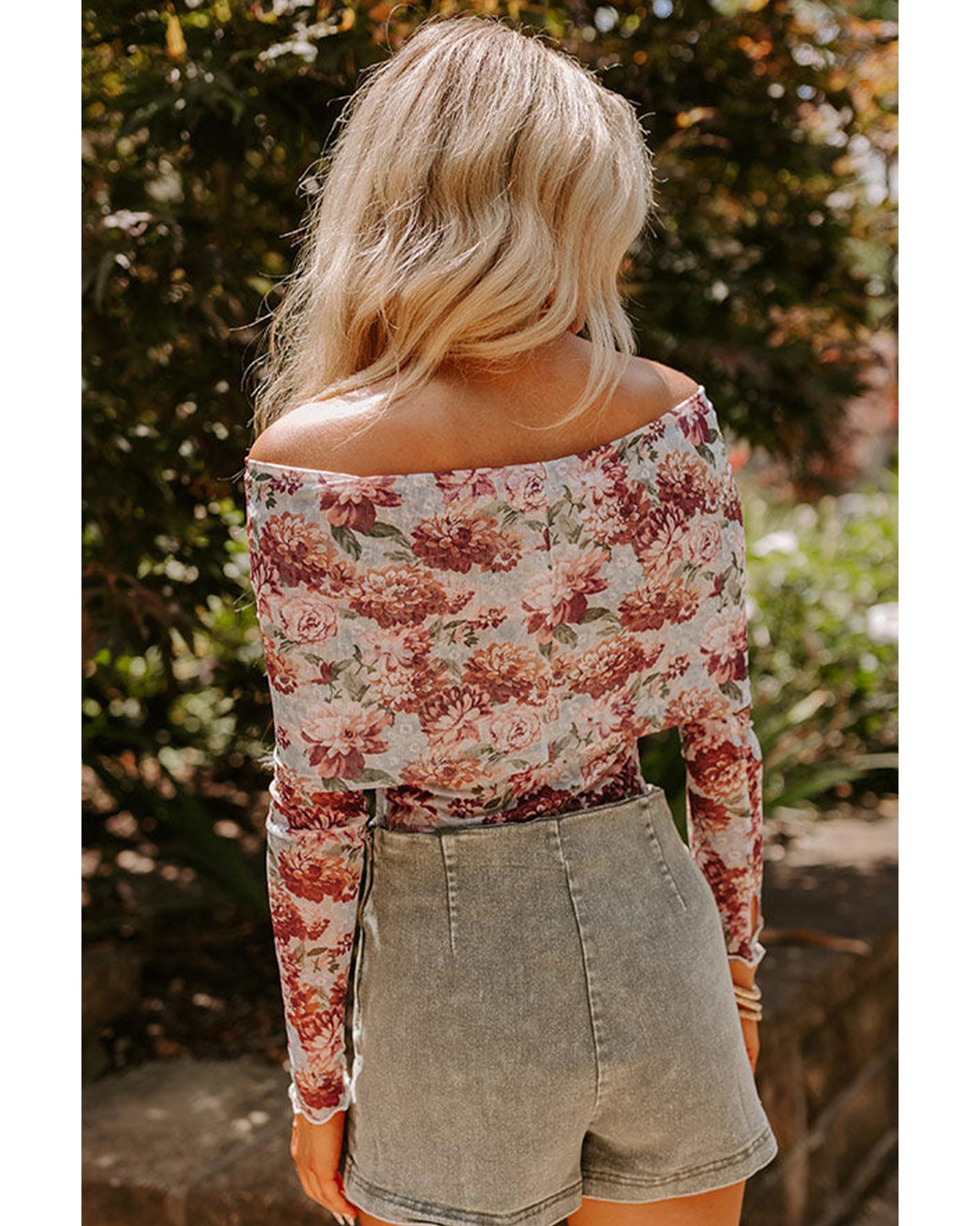 Pink Floral Printed Long Sleeve Sheath Bodysuit - L