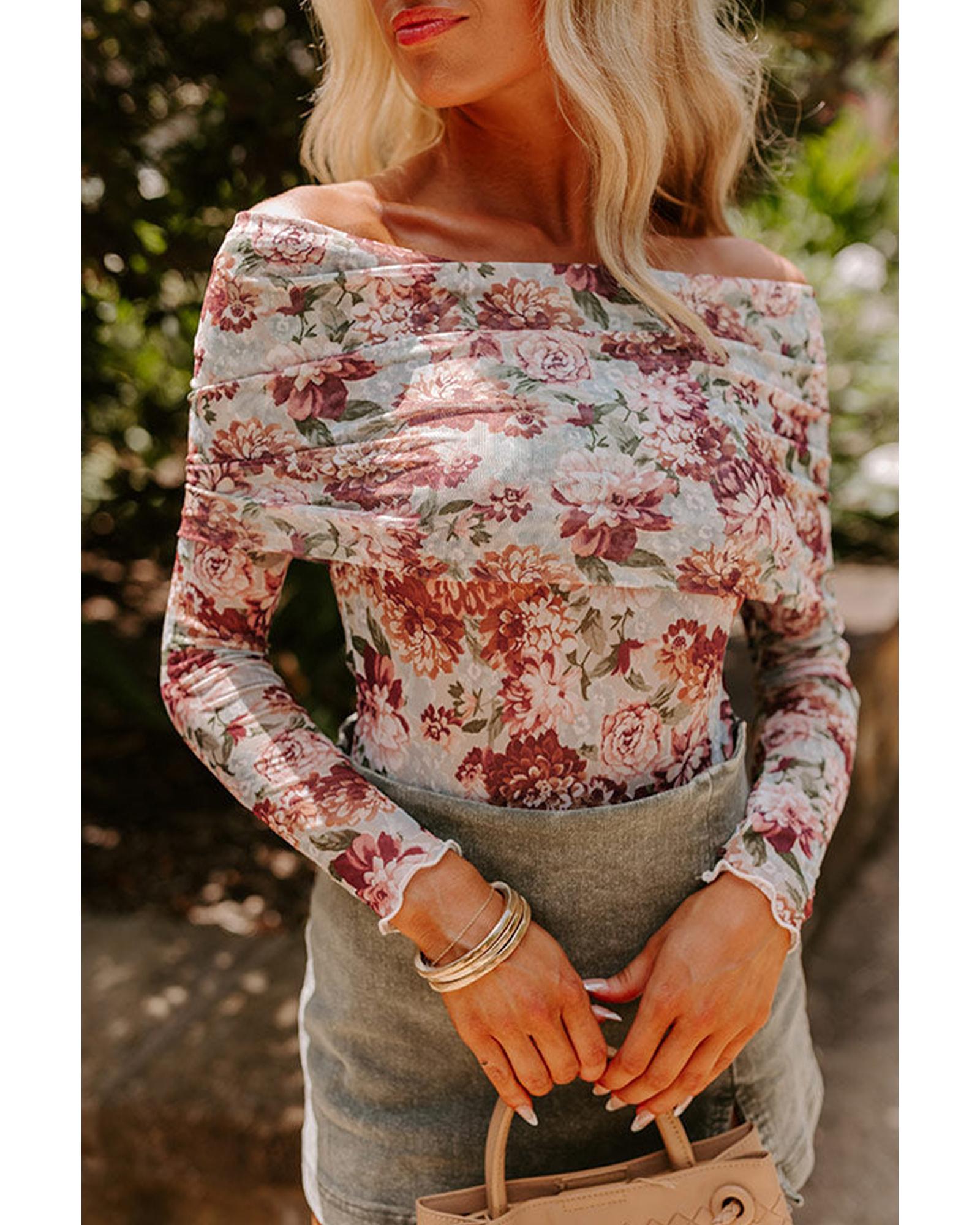 Pink Floral Printed Long Sleeve Sheath Bodysuit - M