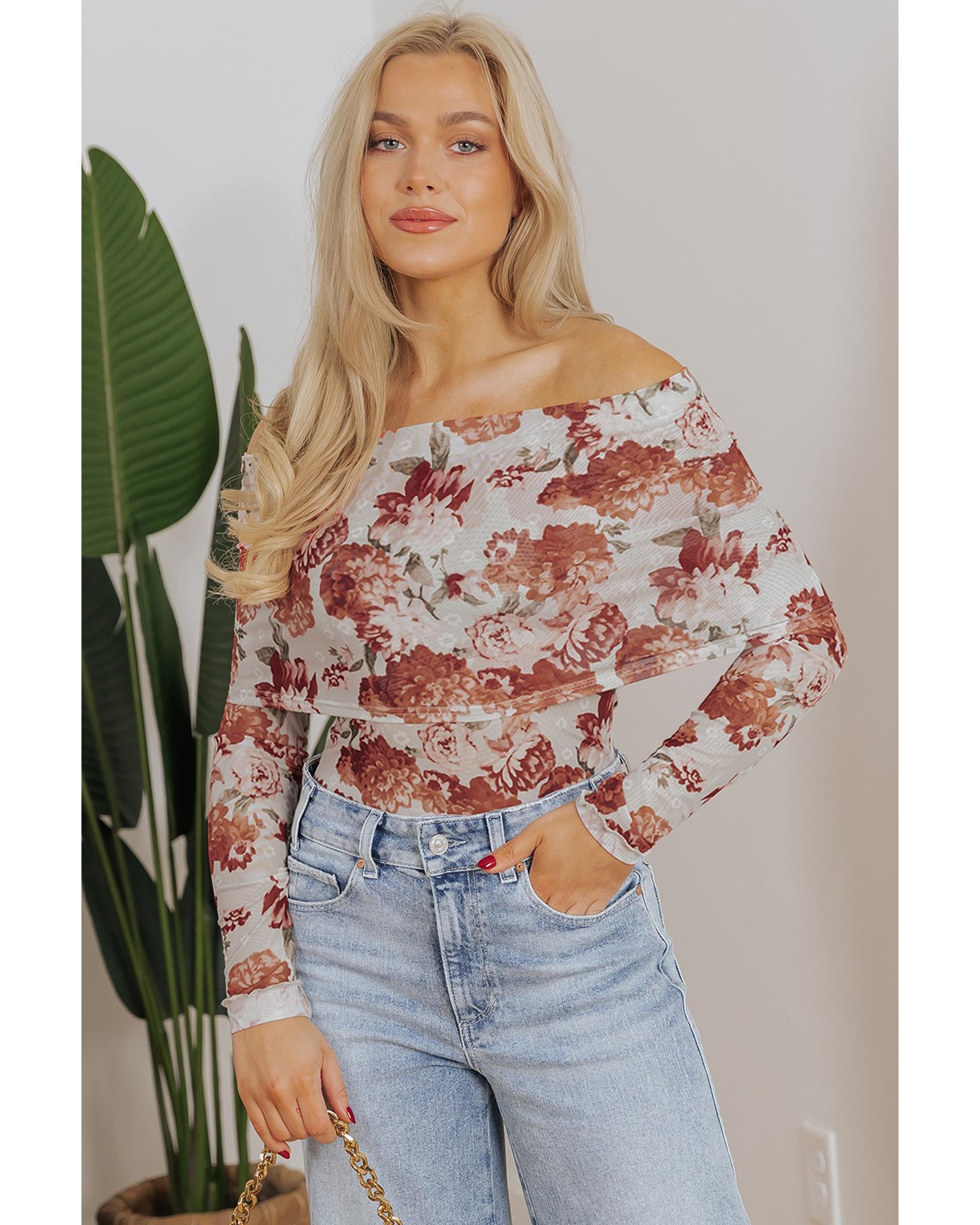 Pink Floral Printed Long Sleeve Sheath Bodysuit - M 4