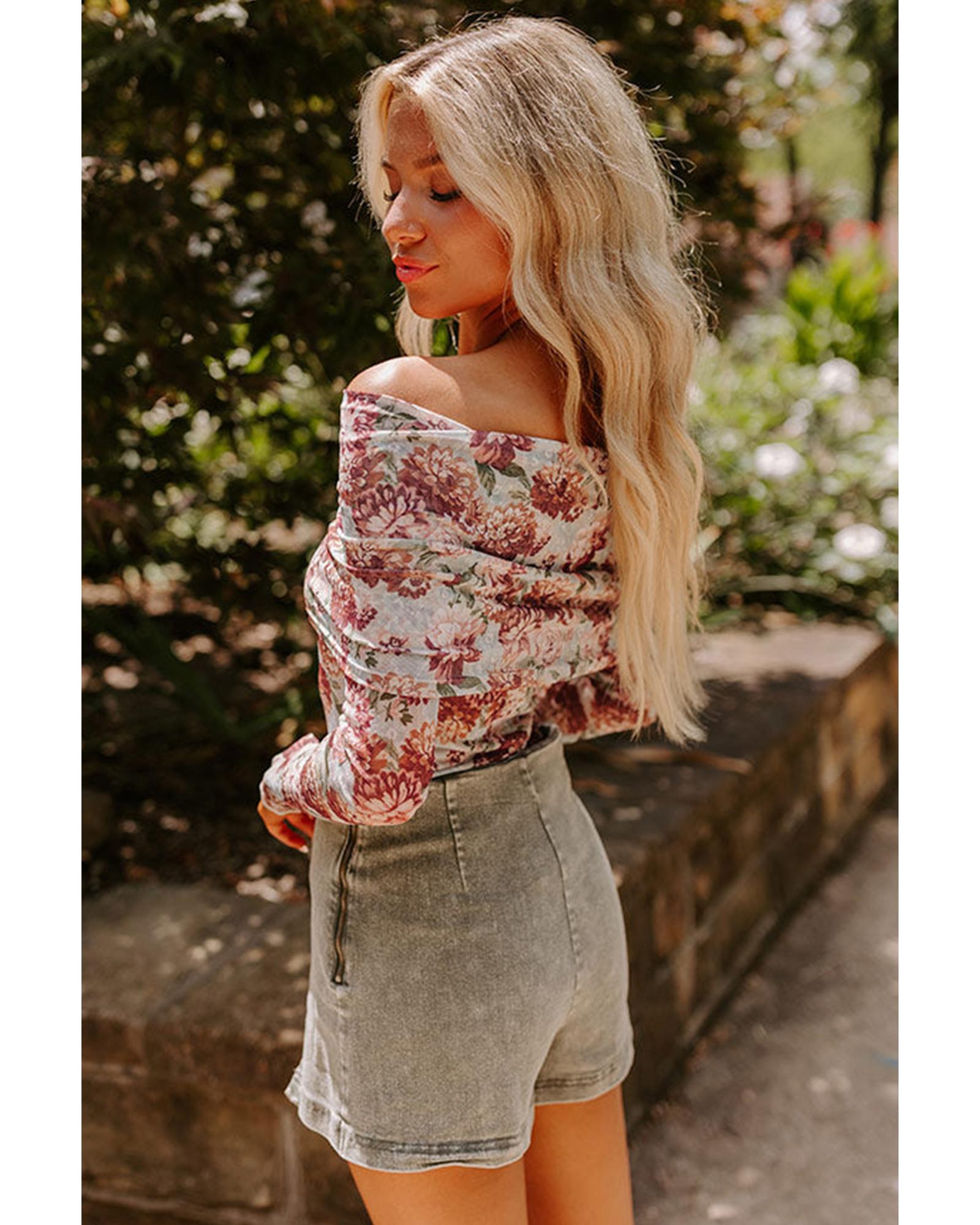 Pink Floral Printed Long Sleeve Sheath Bodysuit - XL 3
