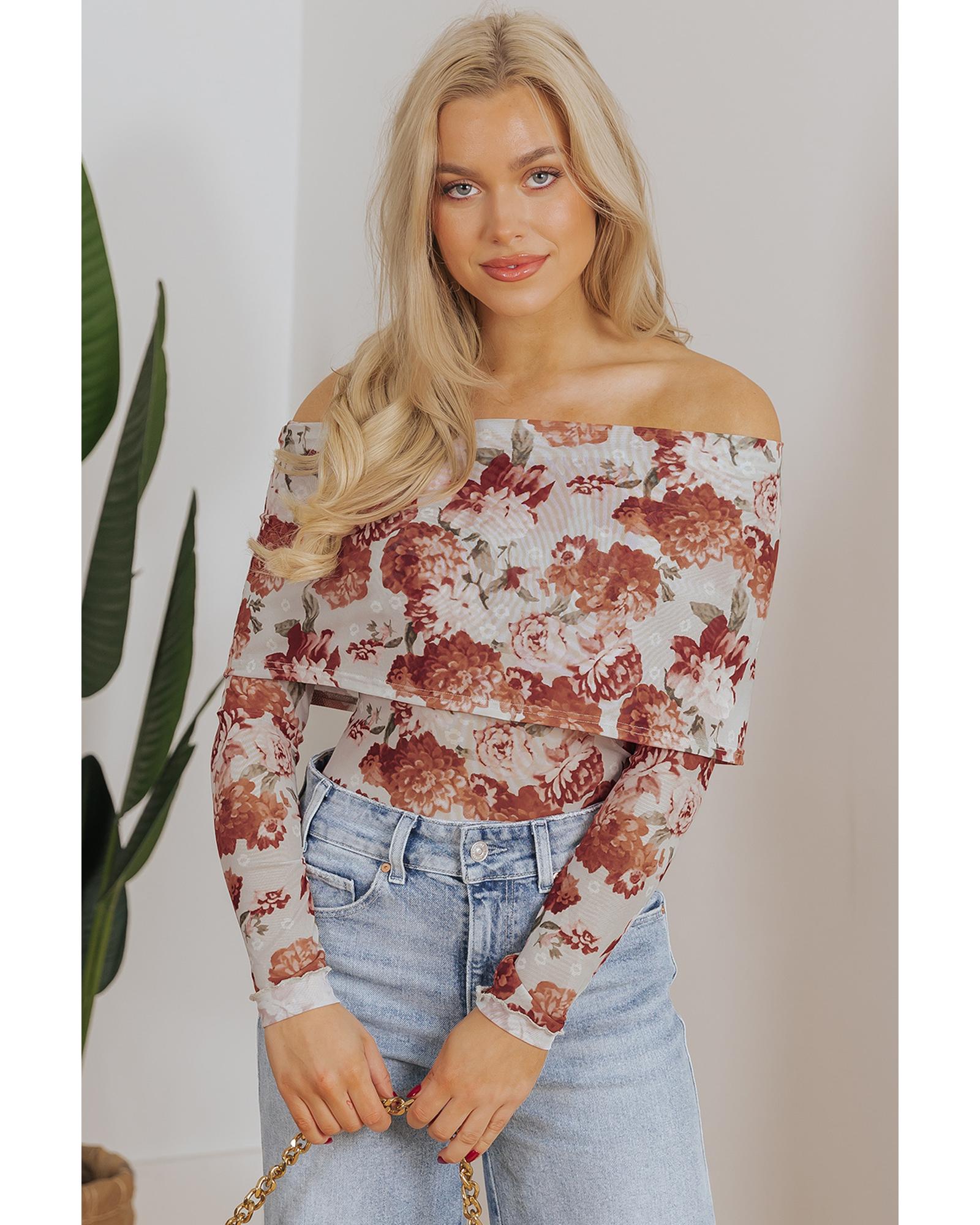 Pink Floral Printed Long Sleeve Sheath Bodysuit - XL 5