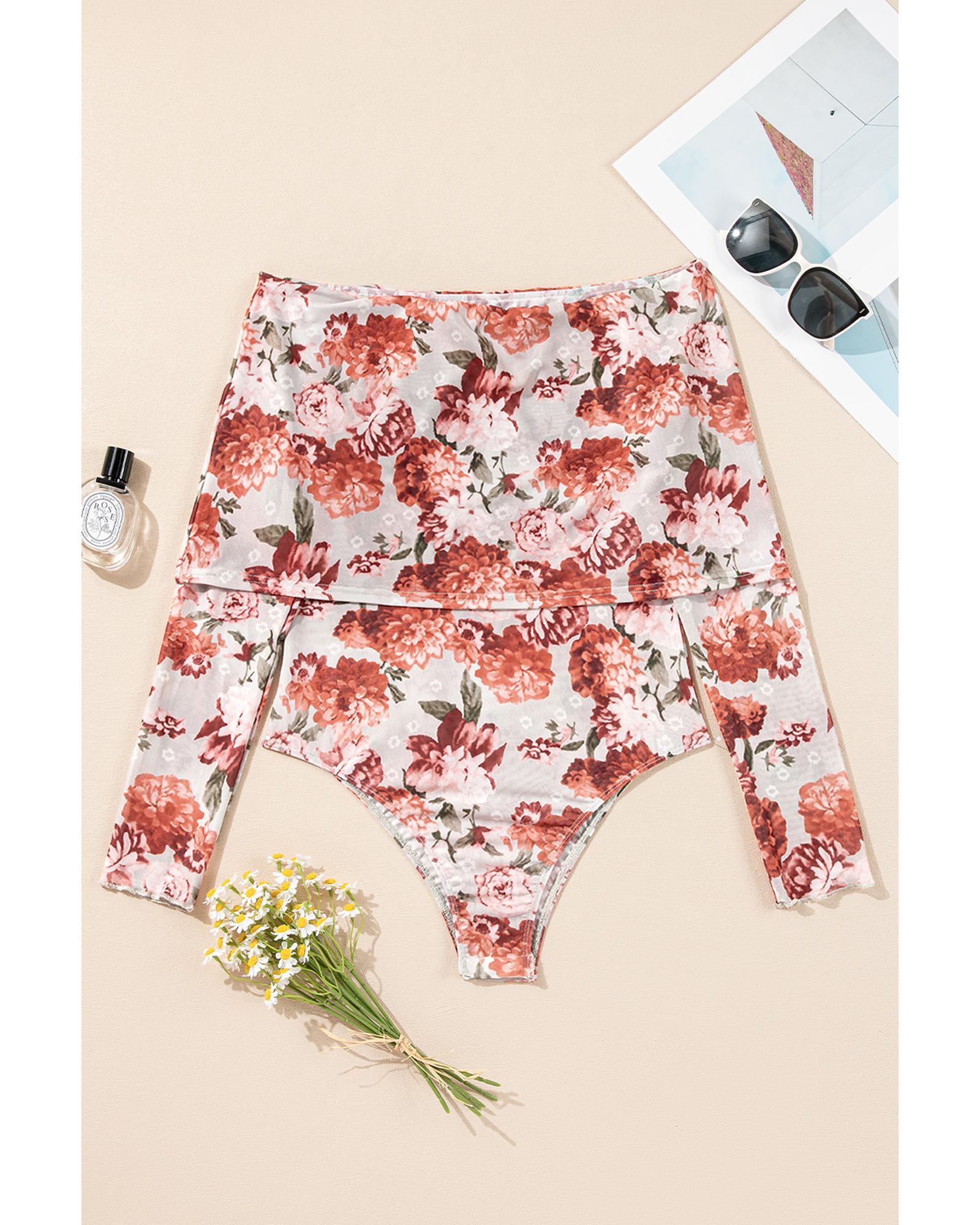 Pink Floral Printed Long Sleeve Sheath Bodysuit - XL 6