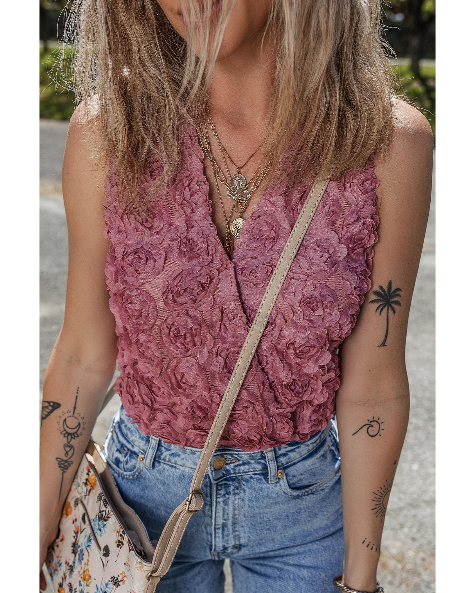 Heather Floral Textured V Neck Wrapped Sleeveless Bodysuit - L