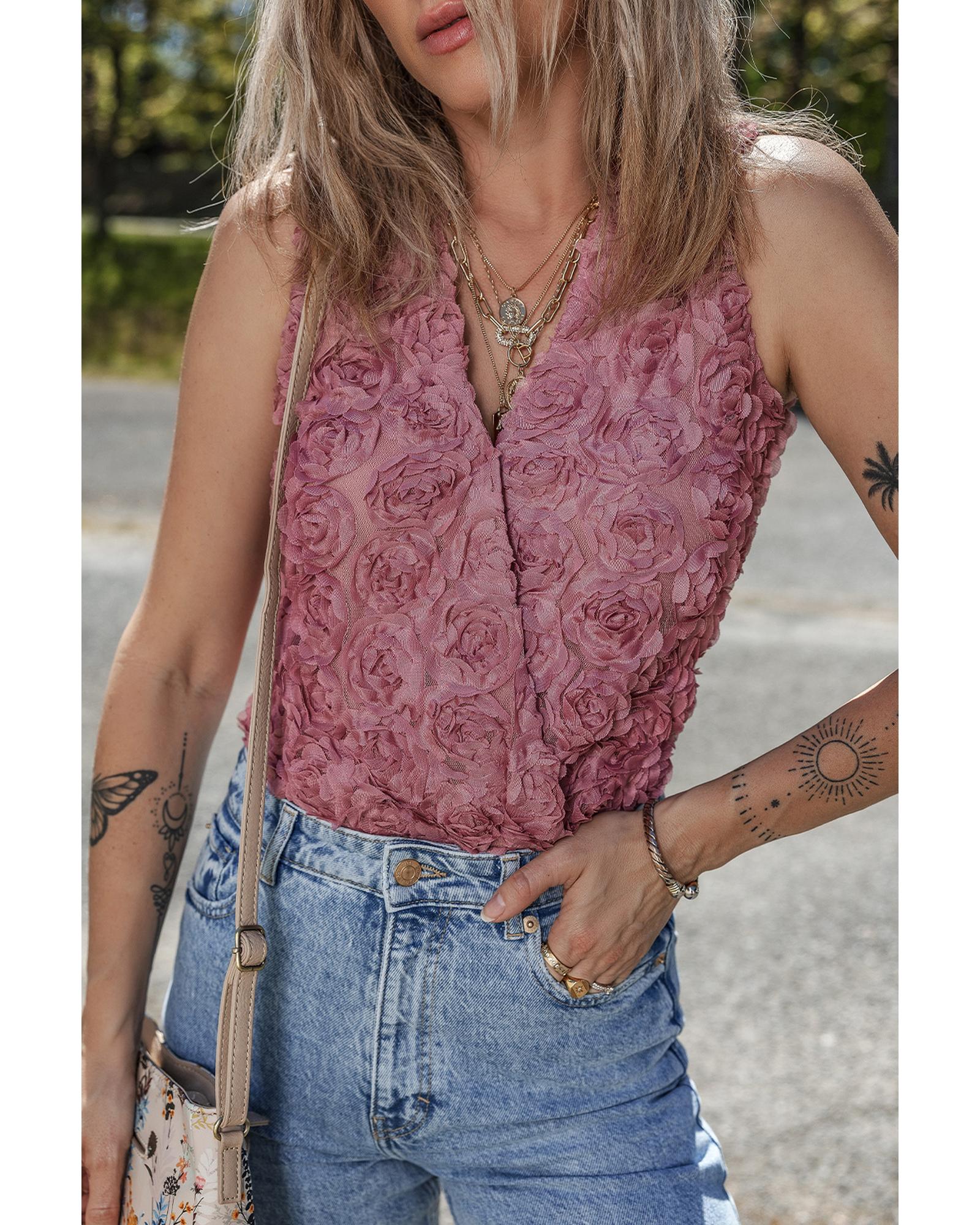 Heather Floral Textured V Neck Wrapped Sleeveless Bodysuit - M 4