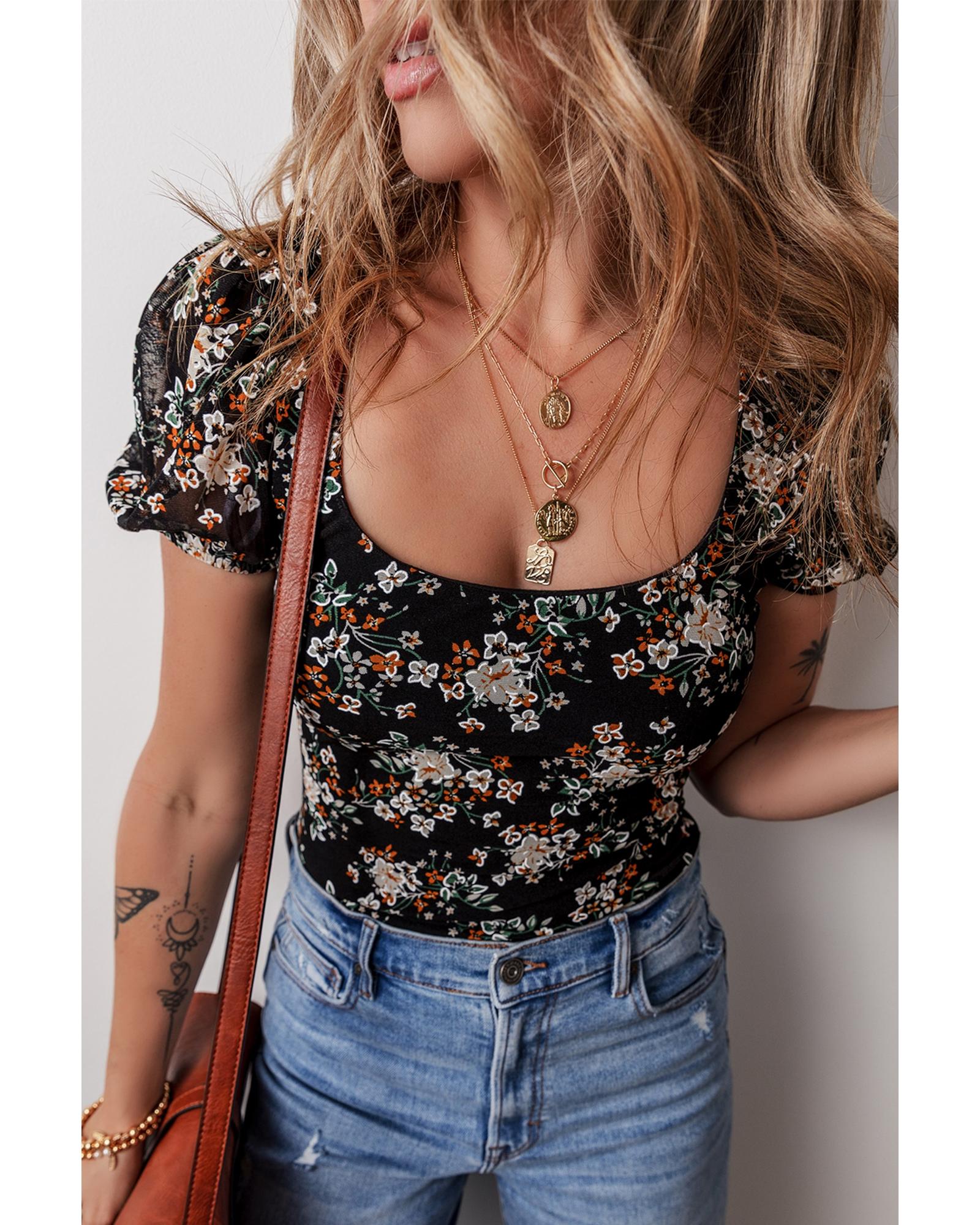 Black Floral Print U Neck Short Puff Sleeve Bodysuit - XL