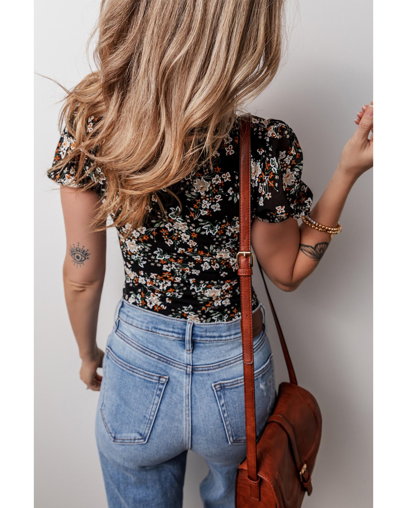 Black Floral Print U Neck Short Puff Sleeve Bodysuit - XL
