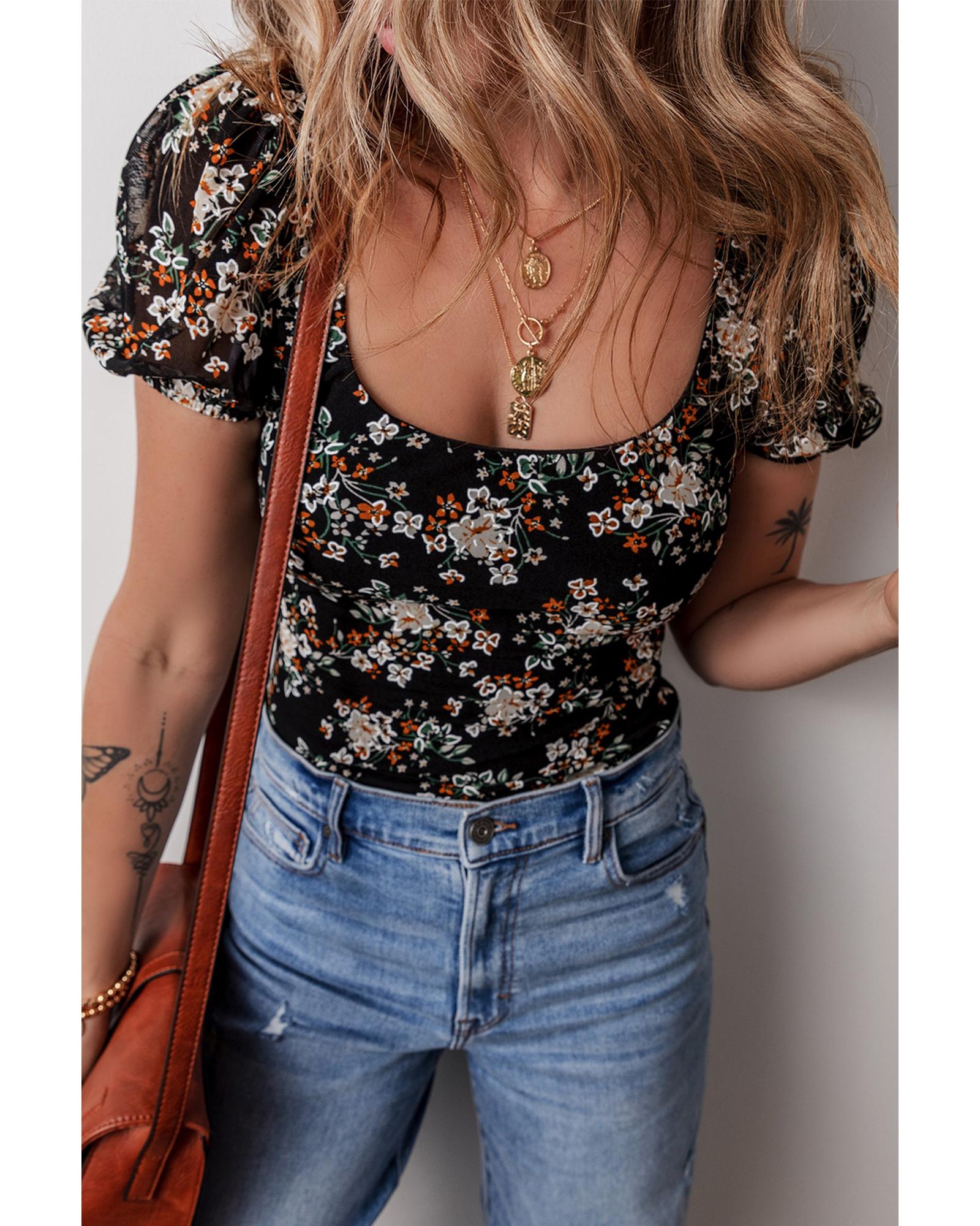 Black Floral Print U Neck Short Puff Sleeve Bodysuit - XL 3