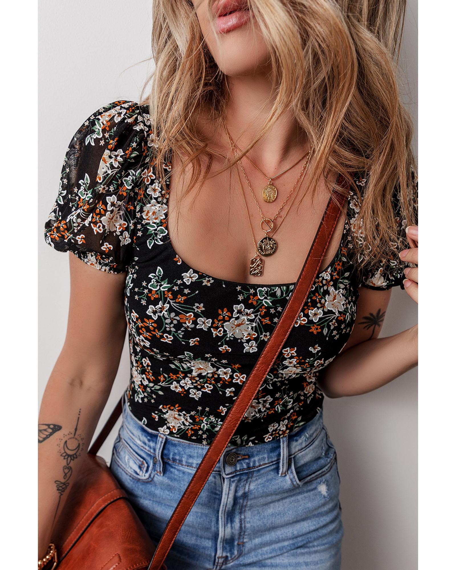 Black Floral Print U Neck Short Puff Sleeve Bodysuit - XL 5