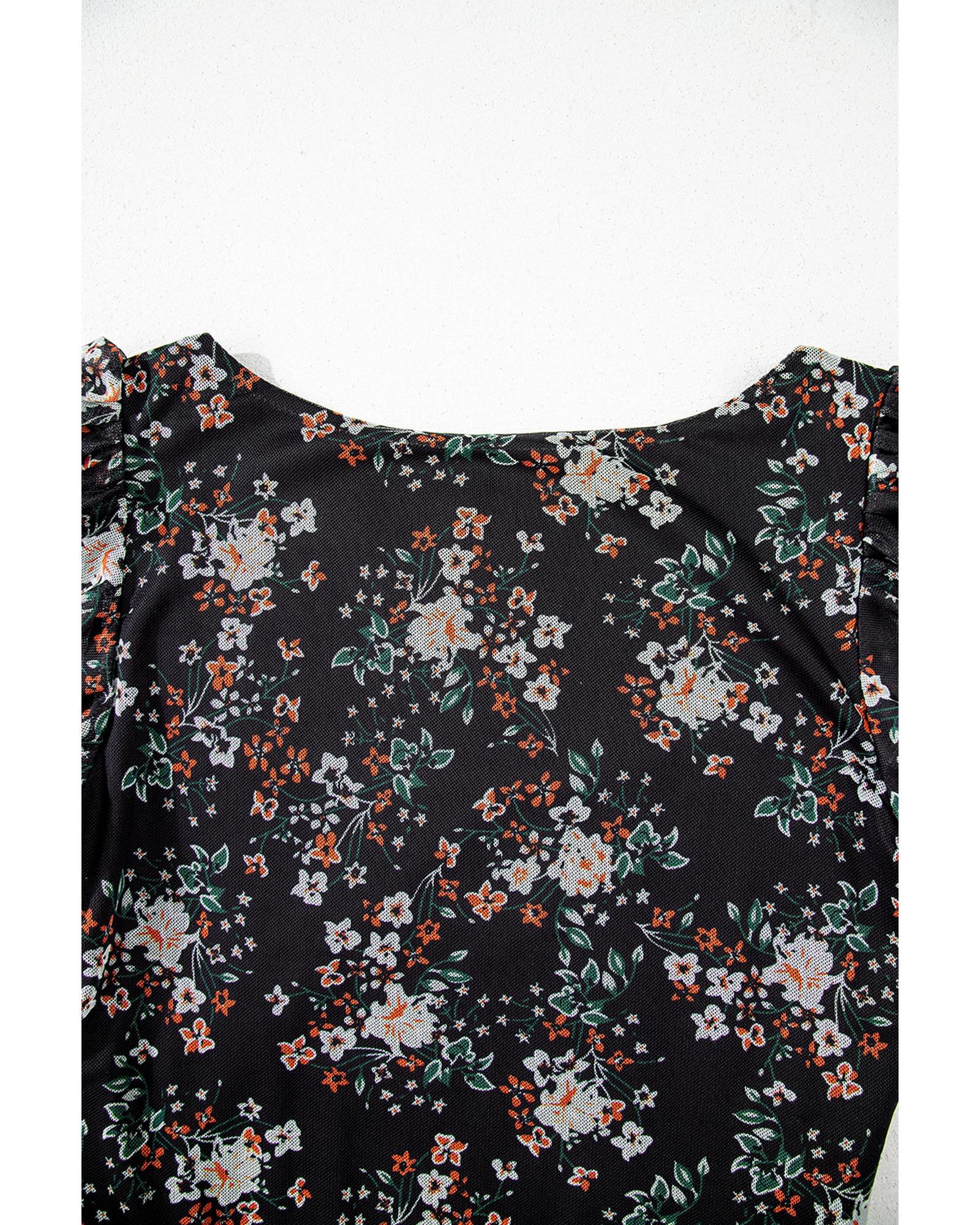 Black Floral Print U Neck Short Puff Sleeve Bodysuit - XL 6